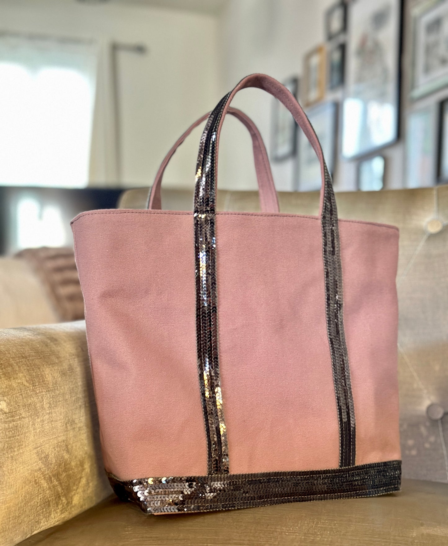 Elegant Purple Tote Bag with Anthracite Gray Sequins, Mauve Shopping Bag with Silver Sequins, Mauve Tote Bag with Dark Gray Sequins