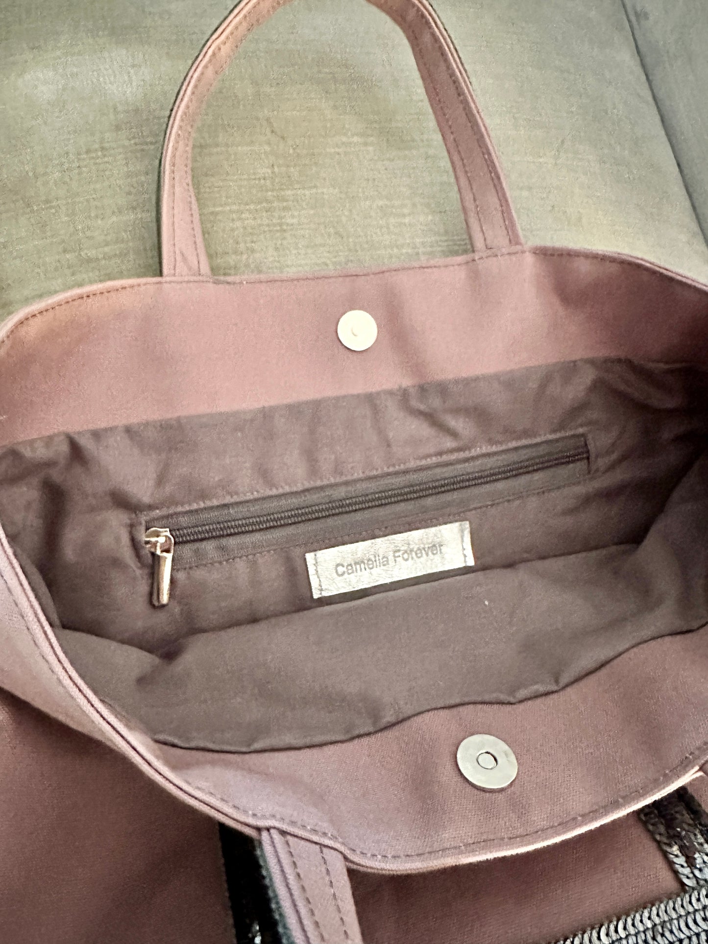 Elegant Purple Tote Bag with Anthracite Gray Sequins, Mauve Shopping Bag with Silver Sequins, Mauve Tote Bag with Dark Gray Sequins