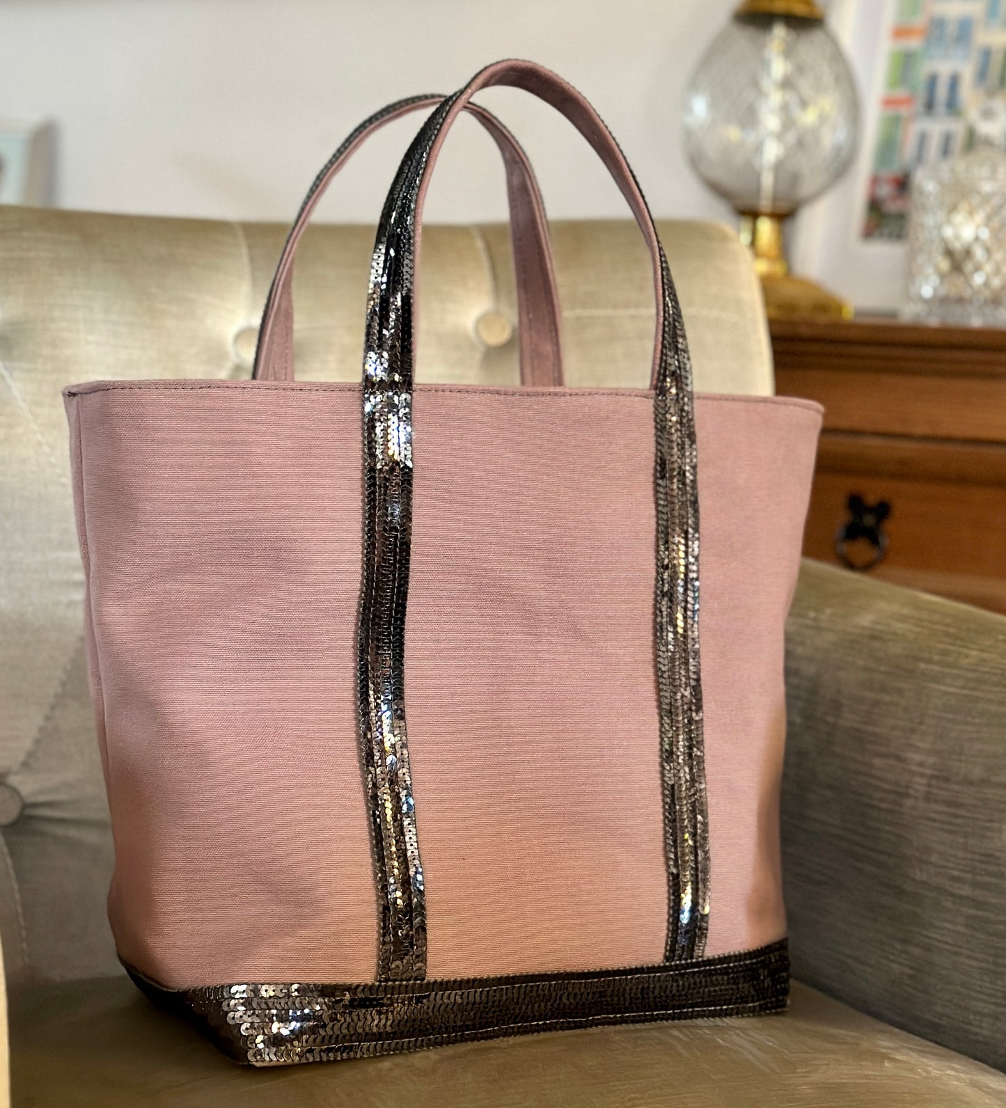 Elegant Purple Tote Bag with Anthracite Gray Sequins, Mauve Shopping Bag with Silver Sequins, Mauve Tote Bag with Dark Gray Sequins