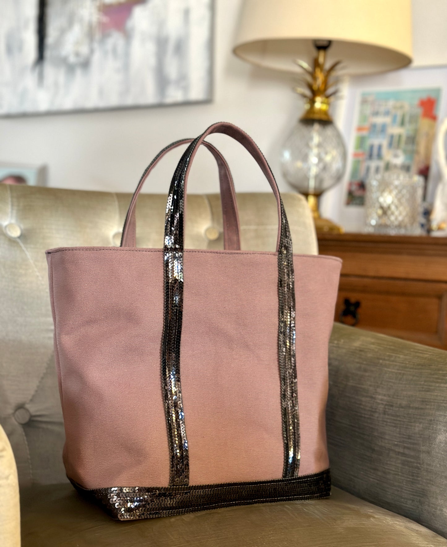 Elegant Purple Tote Bag with Anthracite Gray Sequins, Mauve Shopping Bag with Silver Sequins, Mauve Tote Bag with Dark Gray Sequins