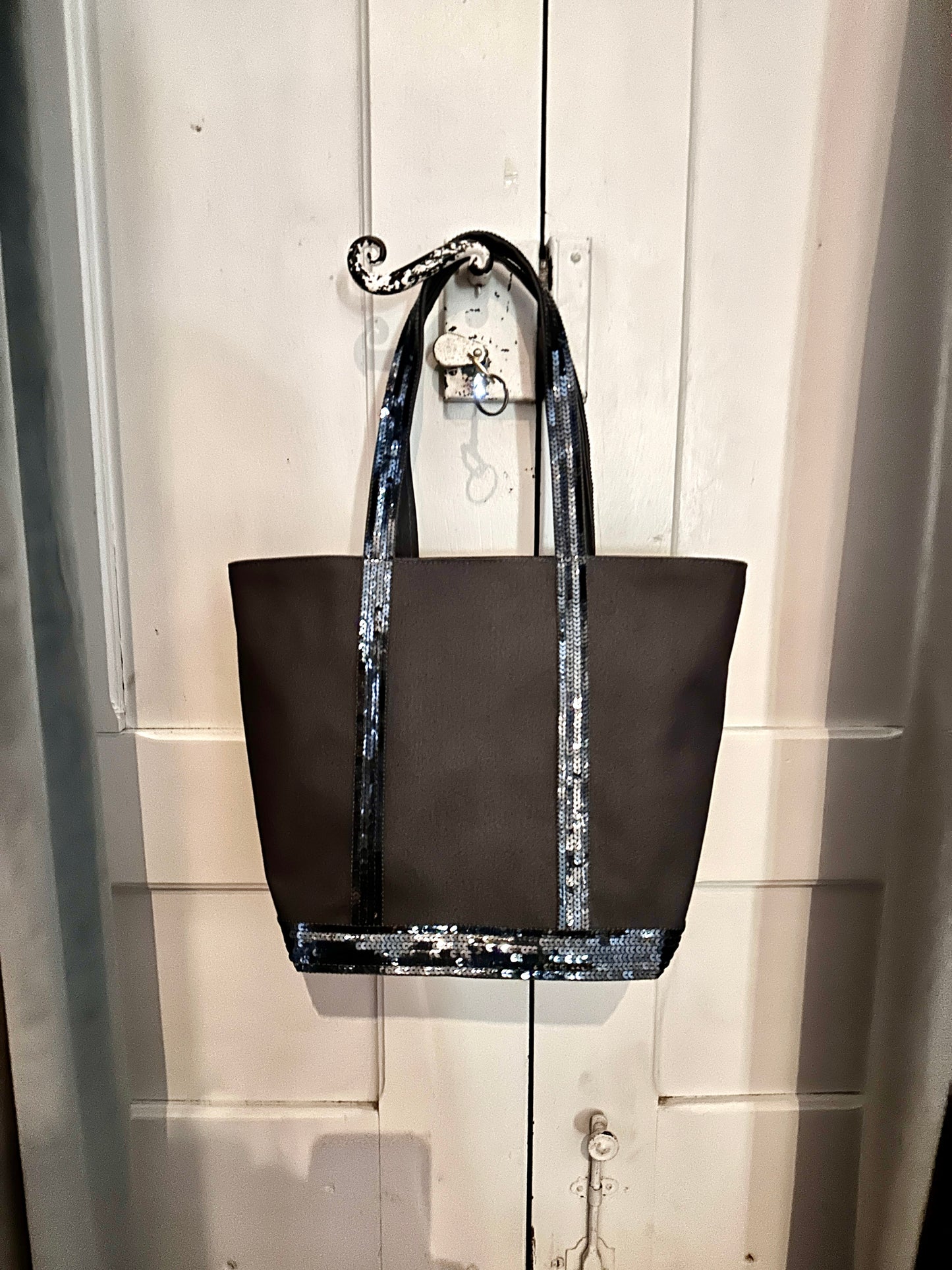 Sac cabas en toile de coton gris avec sequins gris argent