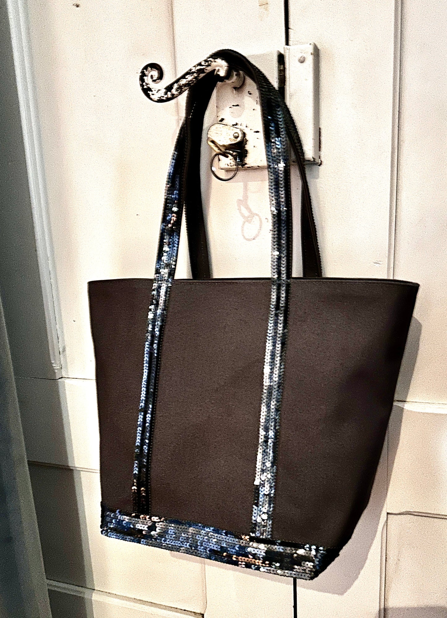 Sac cabas en toile de coton gris avec sequins gris argent