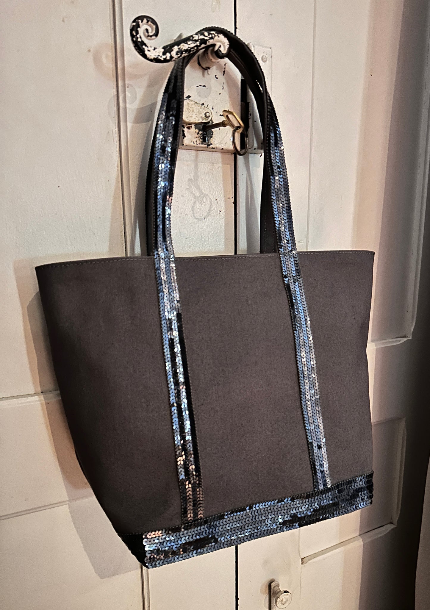 Sac cabas en toile de coton gris avec sequins gris argent