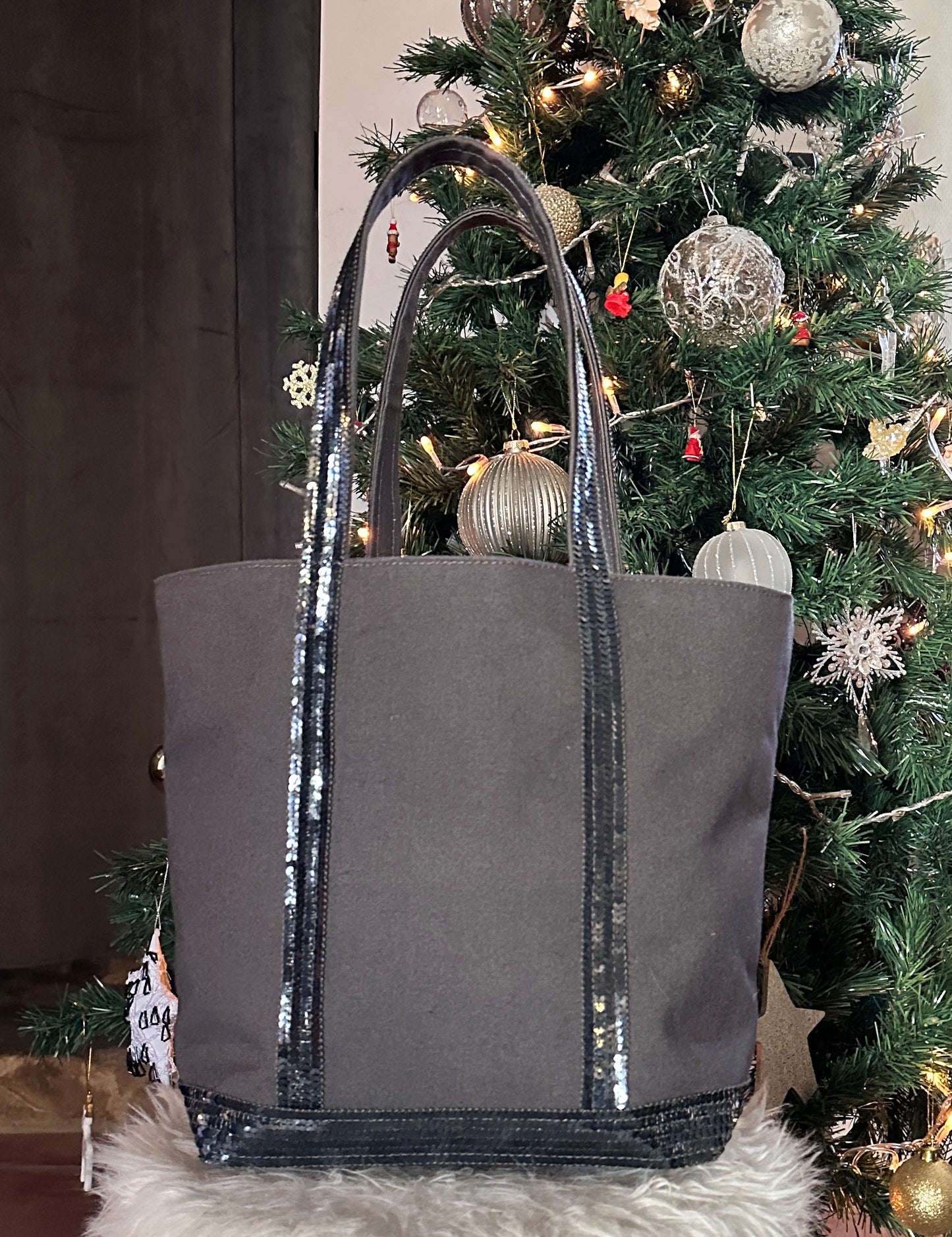 Sac cabas en toile de coton gris avec sequins gris argent