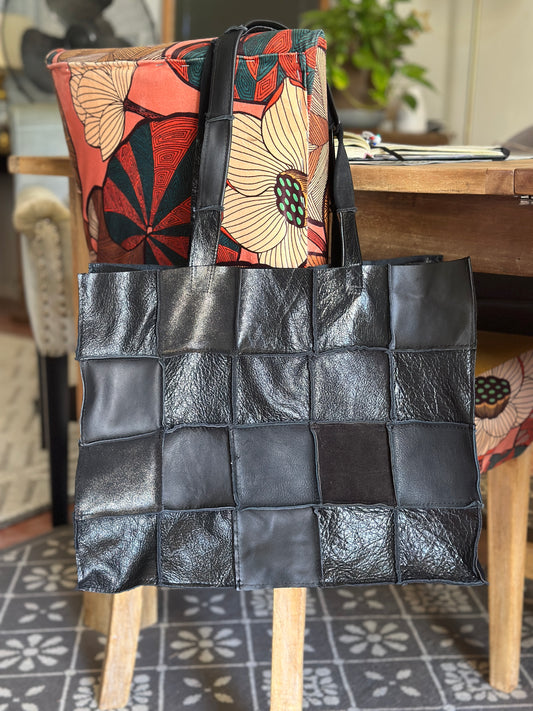 Grand Sac Porté Épaule en Cuir Italien Noir – Patchwork Unique