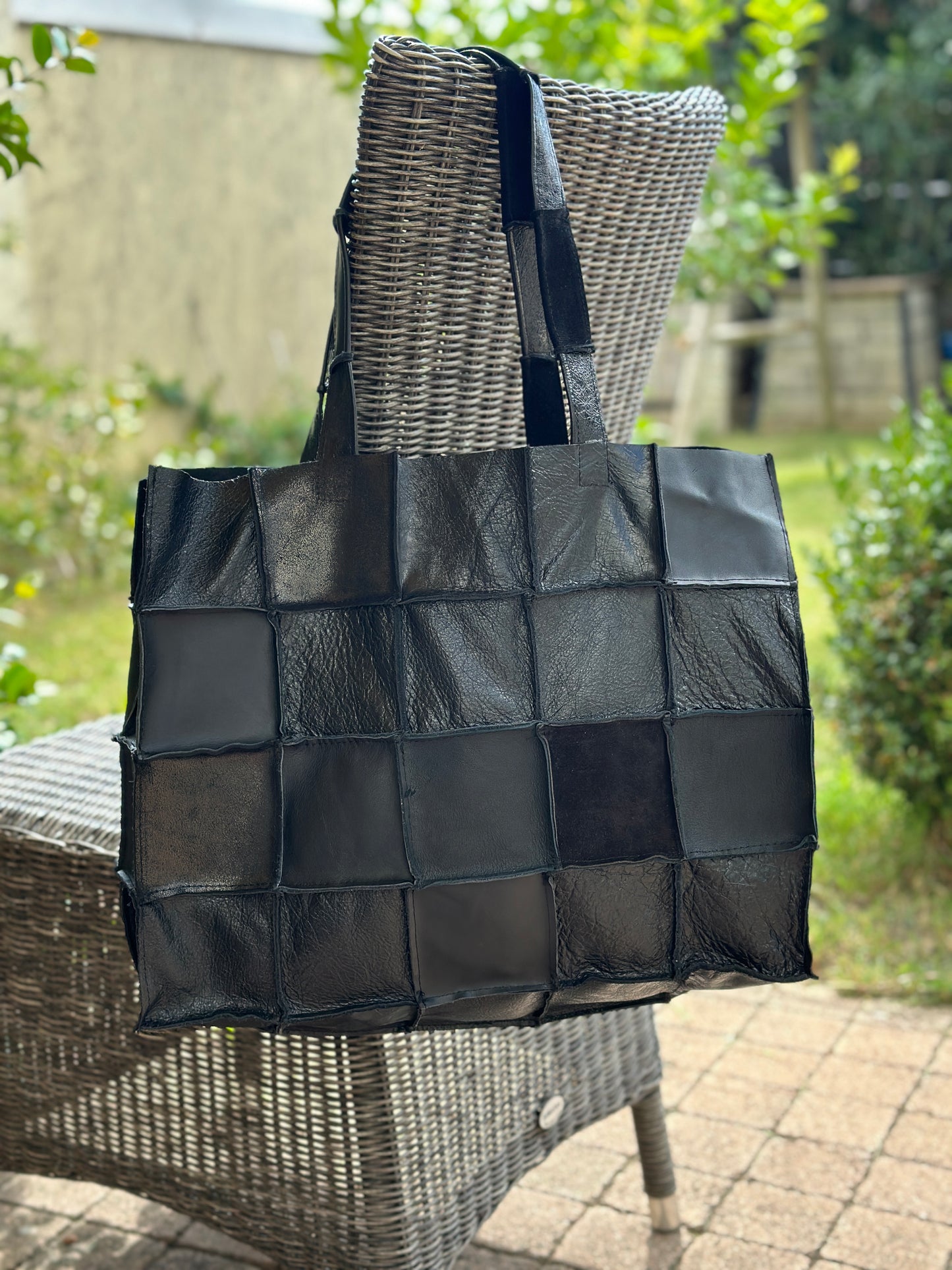 Grand Sac Porté Épaule en Cuir Italien Noir – Patchwork Unique