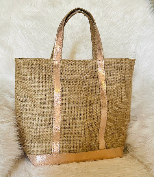 Handmade Jute Tote Bag with Rose Gold Leather – Cotton Lined Summer Beach Shoulder Bag with Zip Pocket & Magnetic Clasp