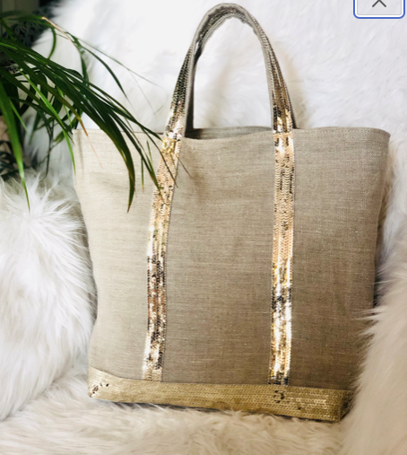 Soft washed linen tote bag with pale gold sequins