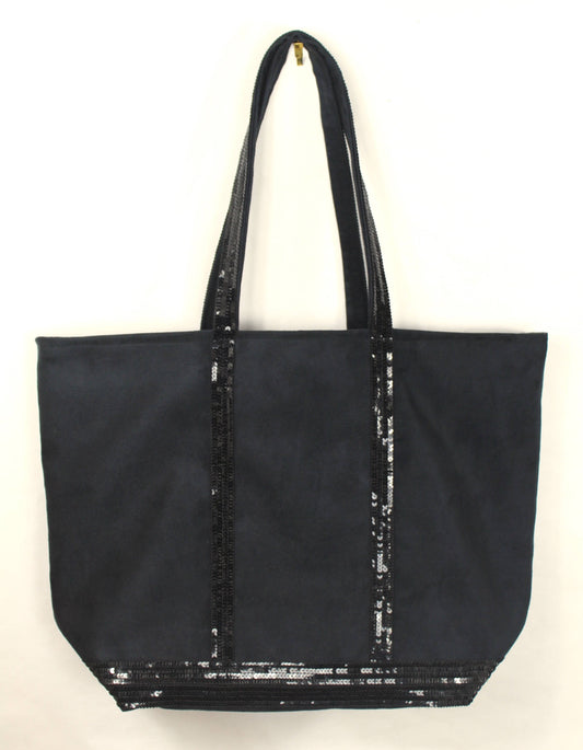 Large black suede tote bag with black sequins