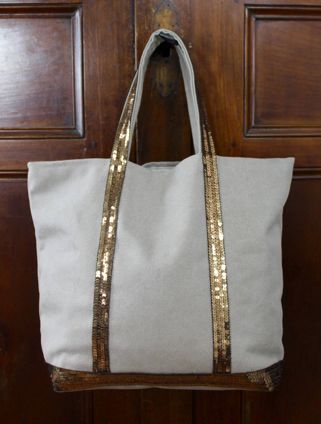 Beige cotton canvas and bronze sequins tote bag