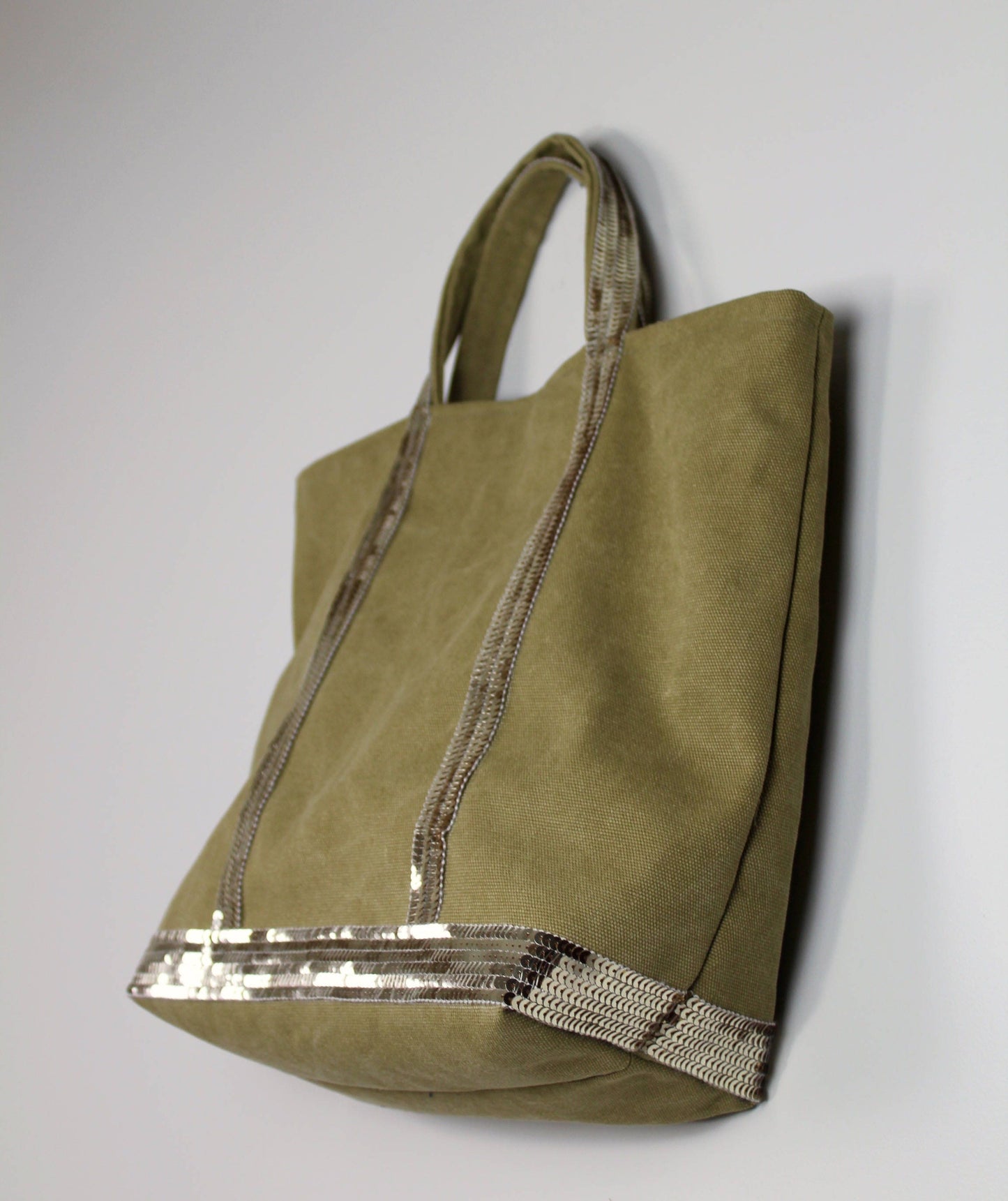 Khaki canvas tote bag - green tote bag with pale gold sequins - khaki glitter tote bag
