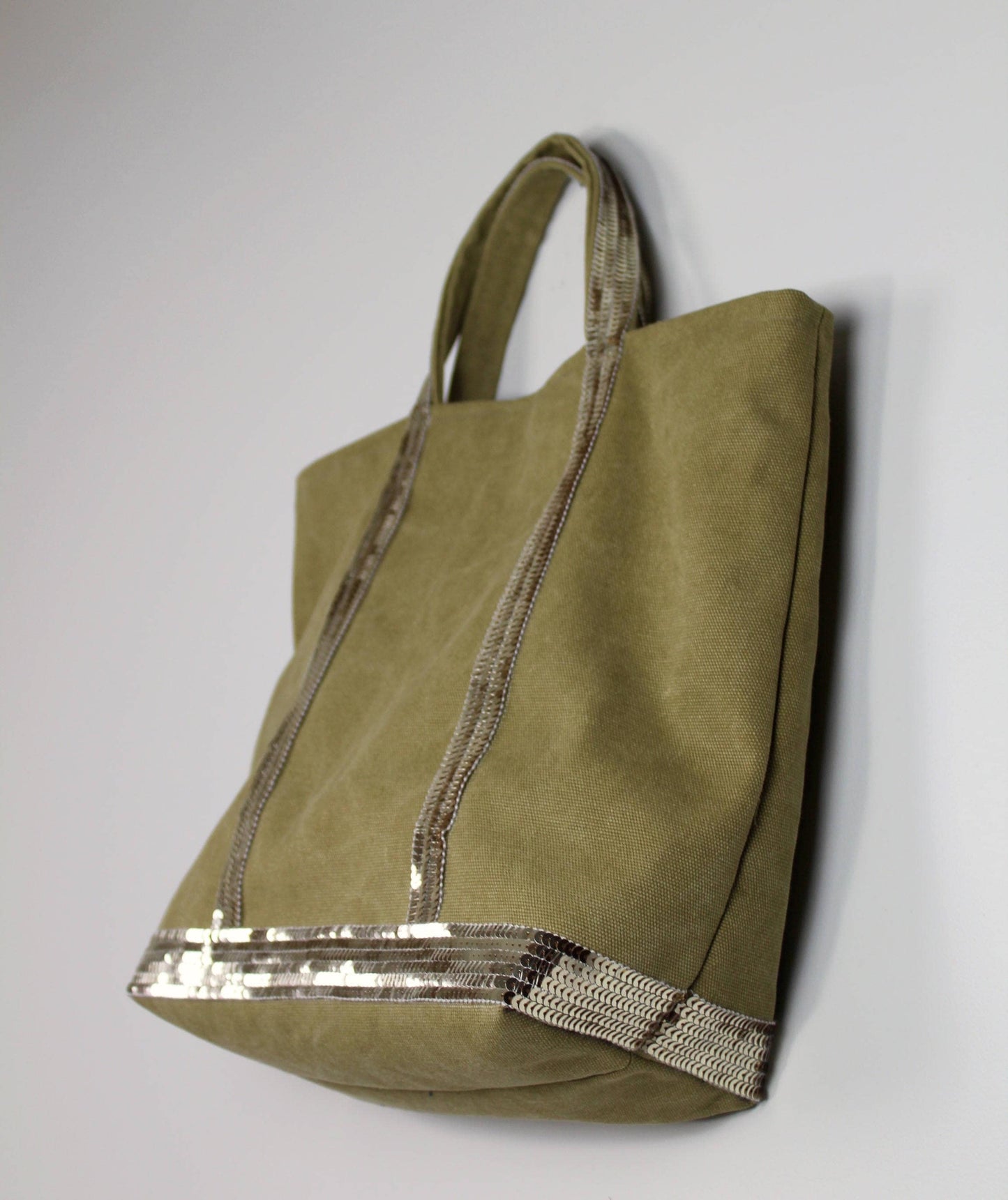 Sac cabas en toile cabas kaki - cabas vert sequins or pale - tote bag kaki paillettes
