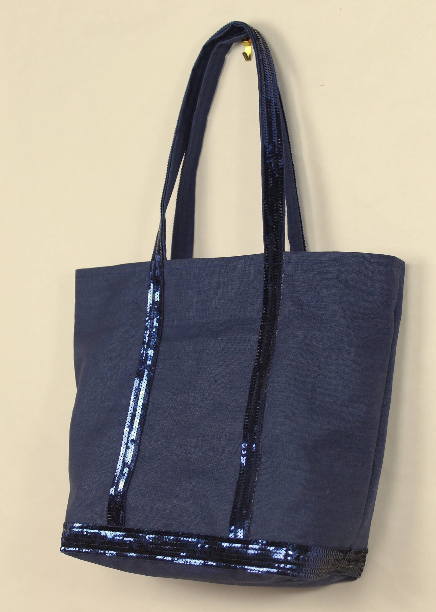 Navy blue coated linen tote bag with real navy blue sequins beach bag