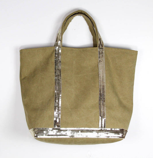 Khaki canvas tote bag - green tote bag with pale gold sequins - khaki glitter tote bag