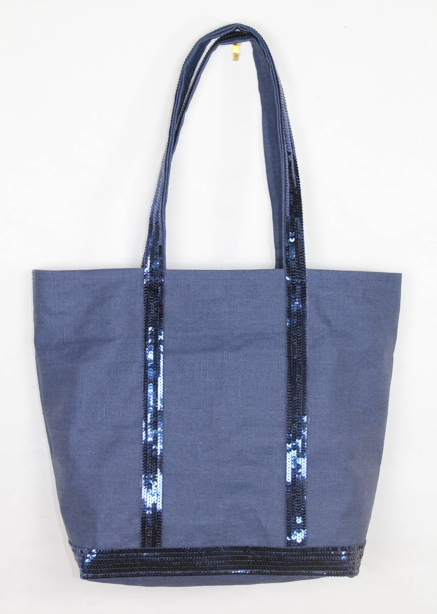 Navy blue coated linen tote bag with real navy blue sequins beach bag