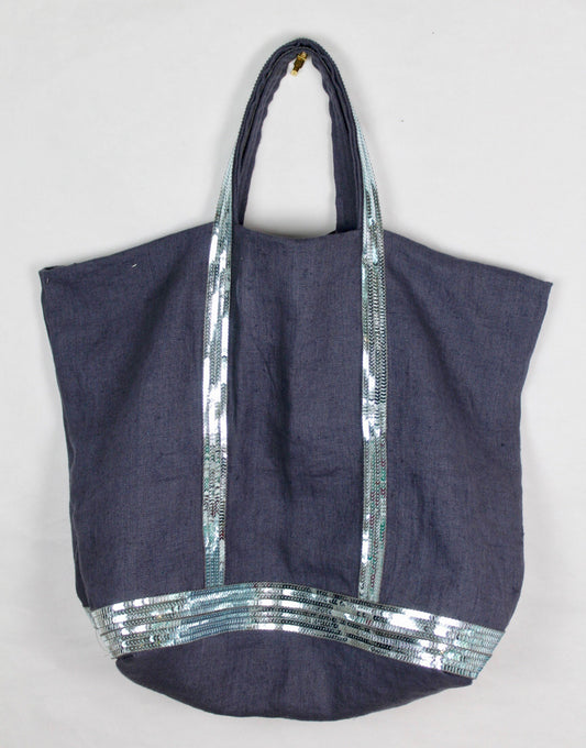 Gray washed linen bag with blue sequins