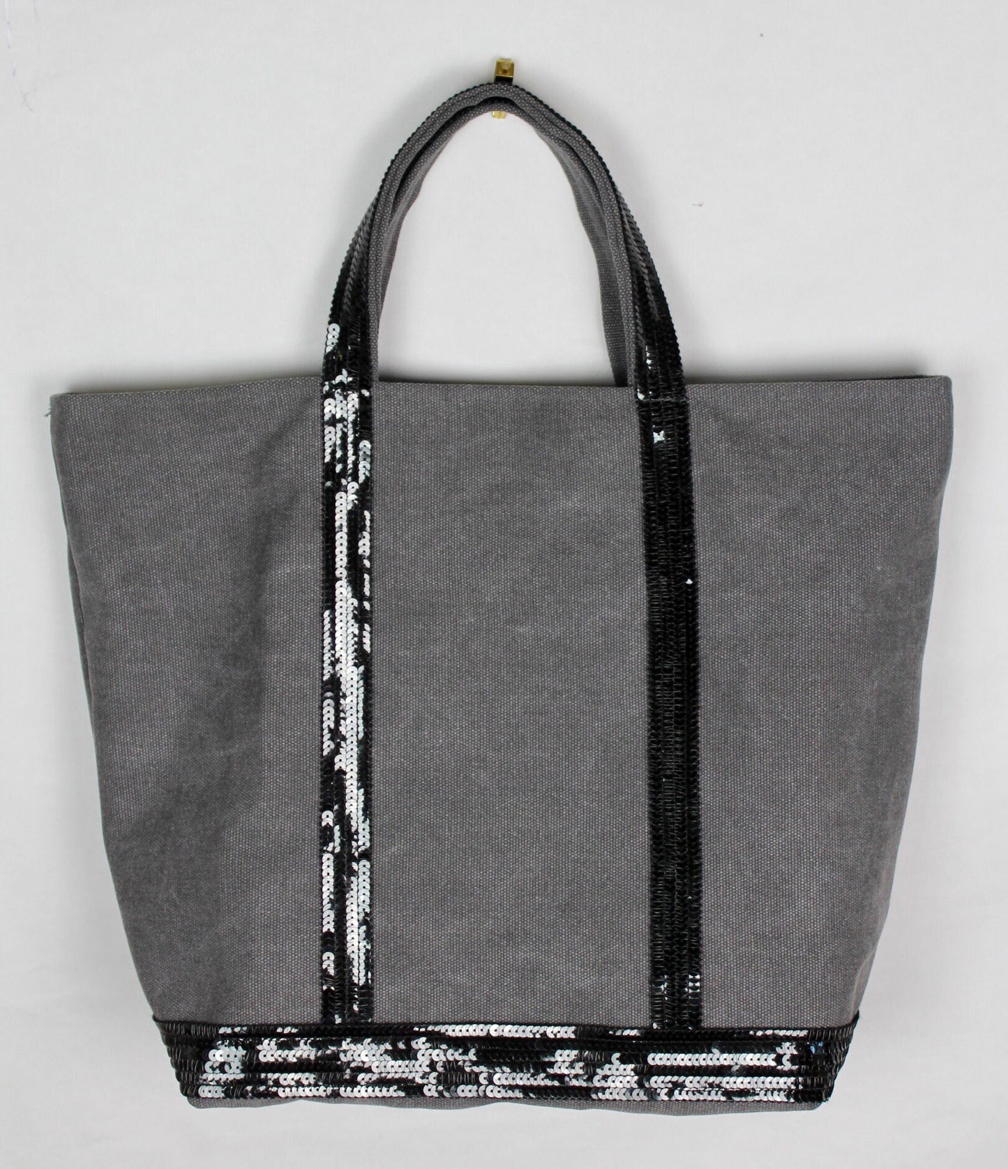 Grey M size sturdy cotton canvas tote bag with silver grey sequins