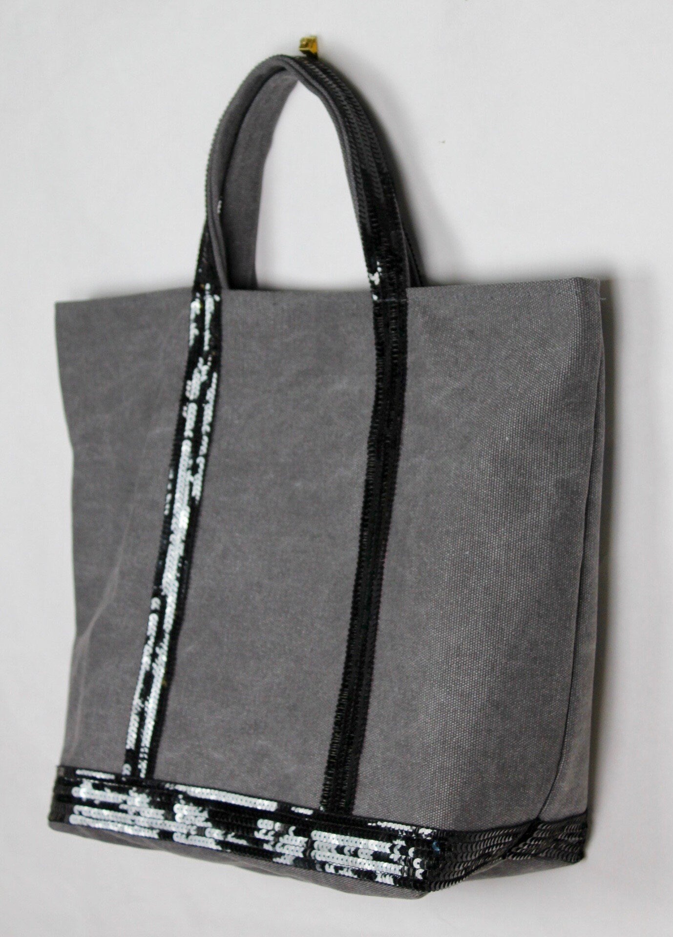 Grey M size sturdy cotton canvas tote bag with silver grey sequins