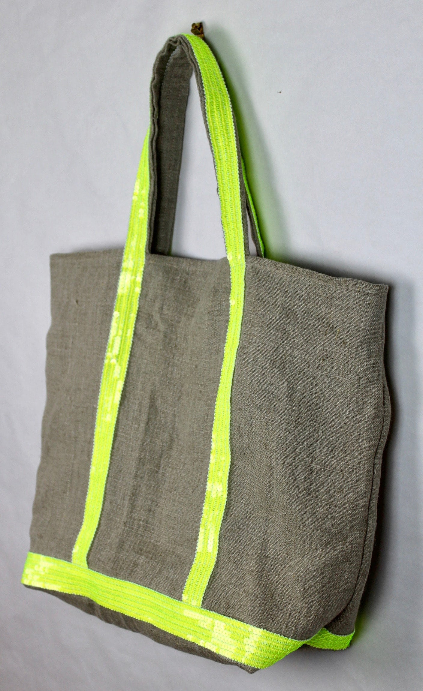 Natural linen tote bag with neon pink sequins
