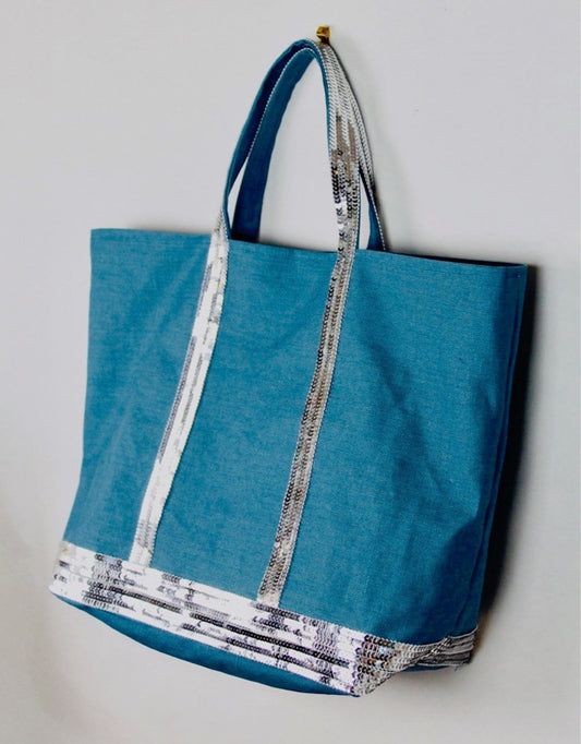 Duck blue coated linen shopping bag with silver sequins