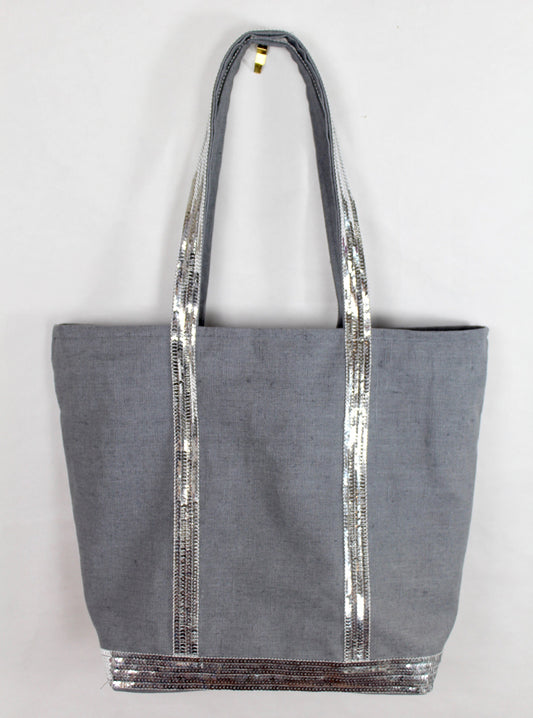 Coated linen tote bag topped with silver sequins shoulder bag large waterproof market bag personalized women's gift