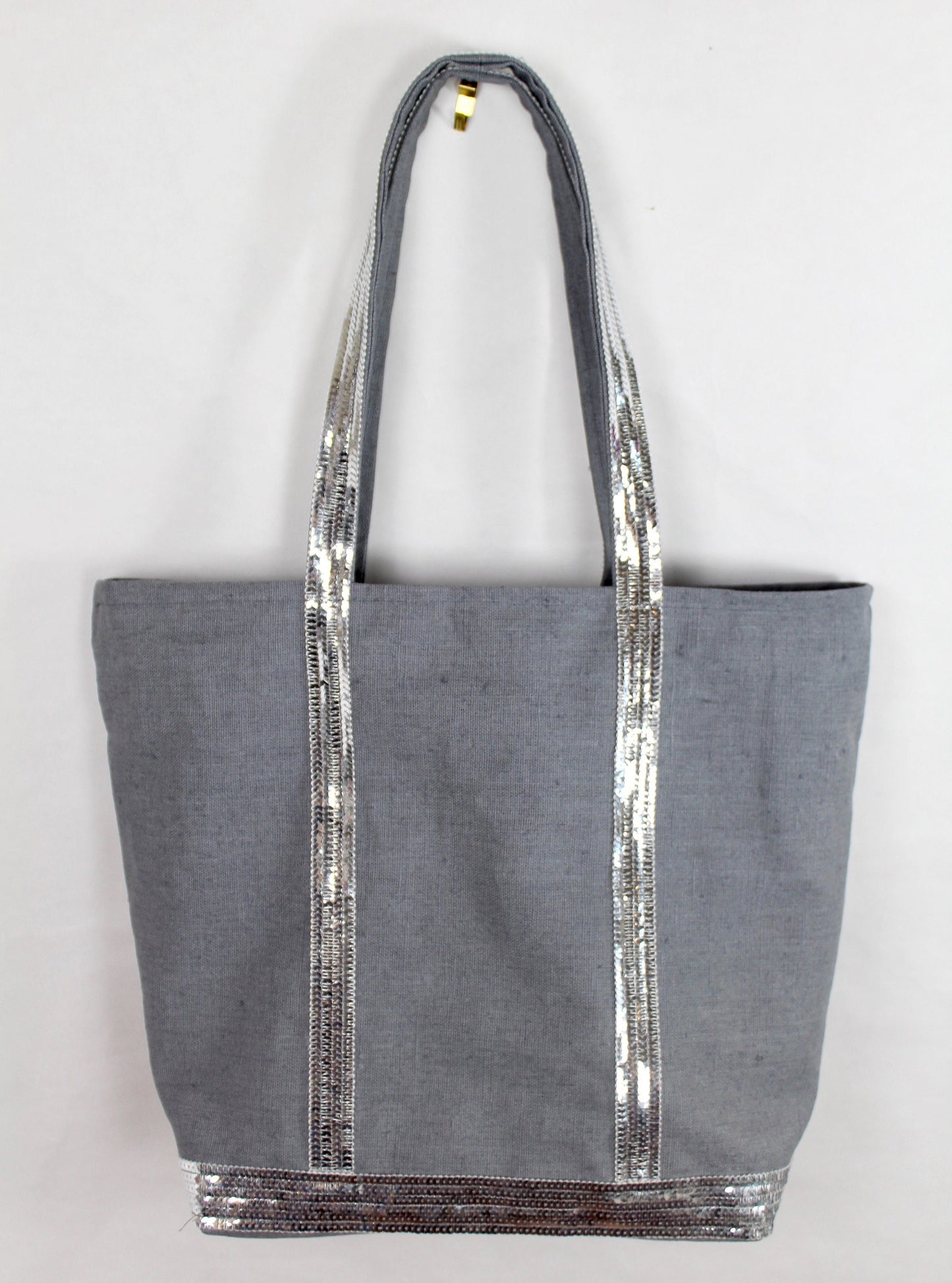 Sac fourre tout lin enduit surmonté de paillettes argent cabas porté epaule grand sac marché waterproof cadeau femme personnalisé