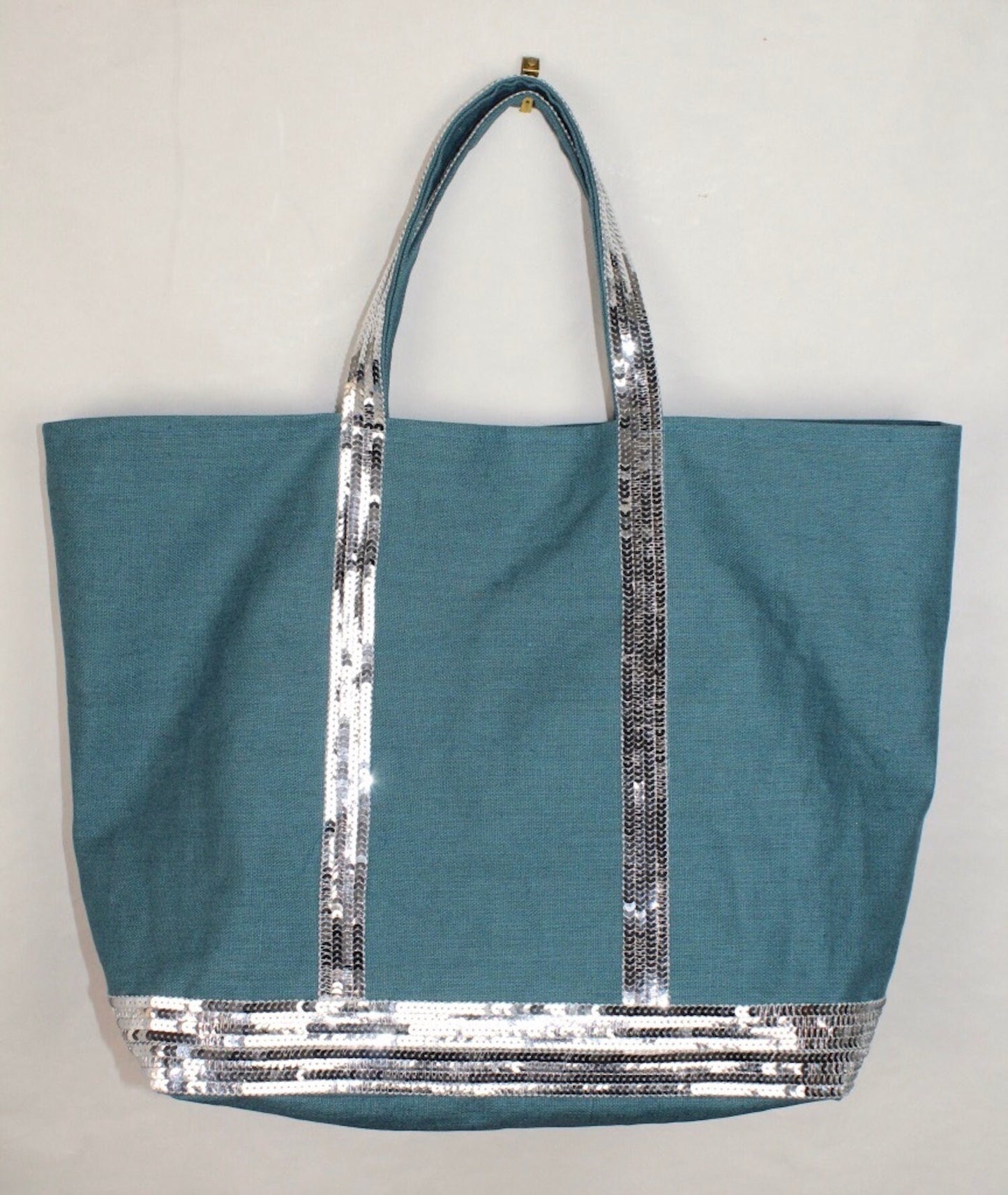 Sac cabas en lin enduit bleu canard paillettes argent