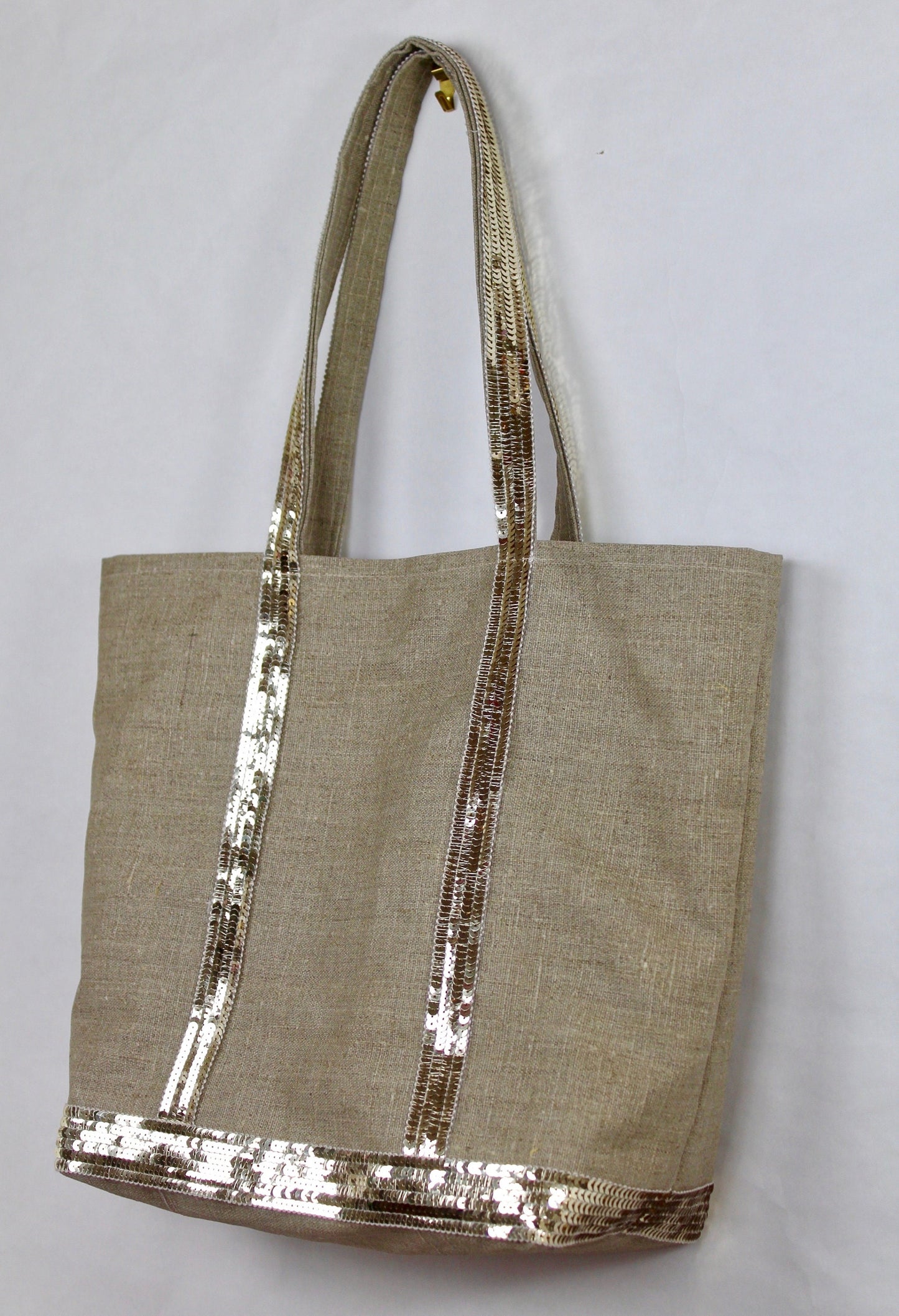 Natural coated linen shoulder bag with gold glitter, tote bag with zipper, summer tote bag, linen shoulder tote bag