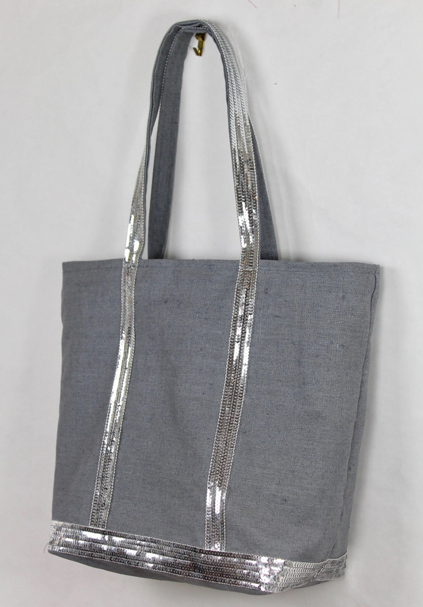 Sac fourre tout lin enduit surmonté de paillettes argent cabas porté epaule grand sac marché waterproof cadeau femme personnalisé