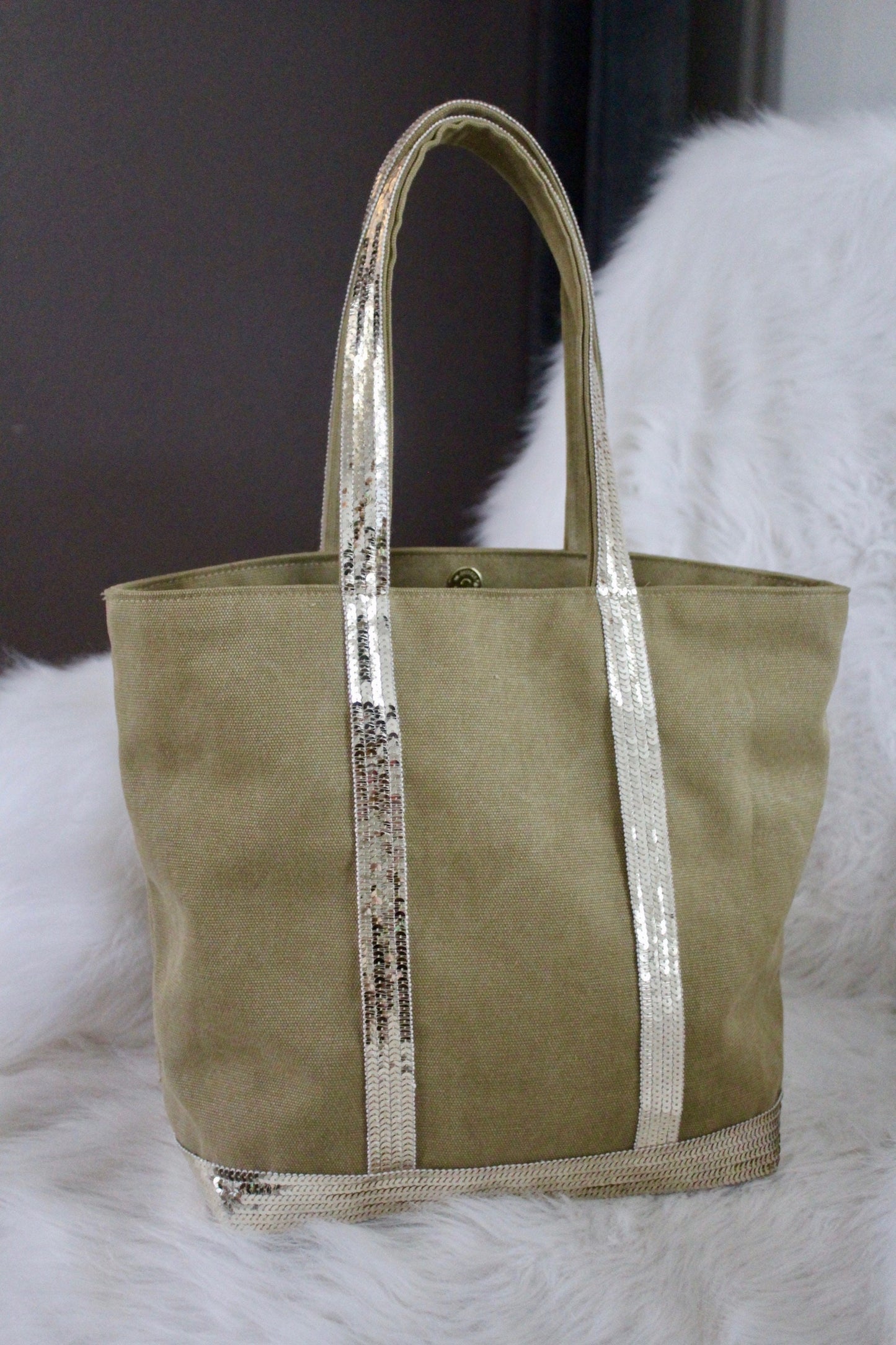 Khaki canvas tote bag - green tote bag with pale gold sequins - khaki glitter tote bag