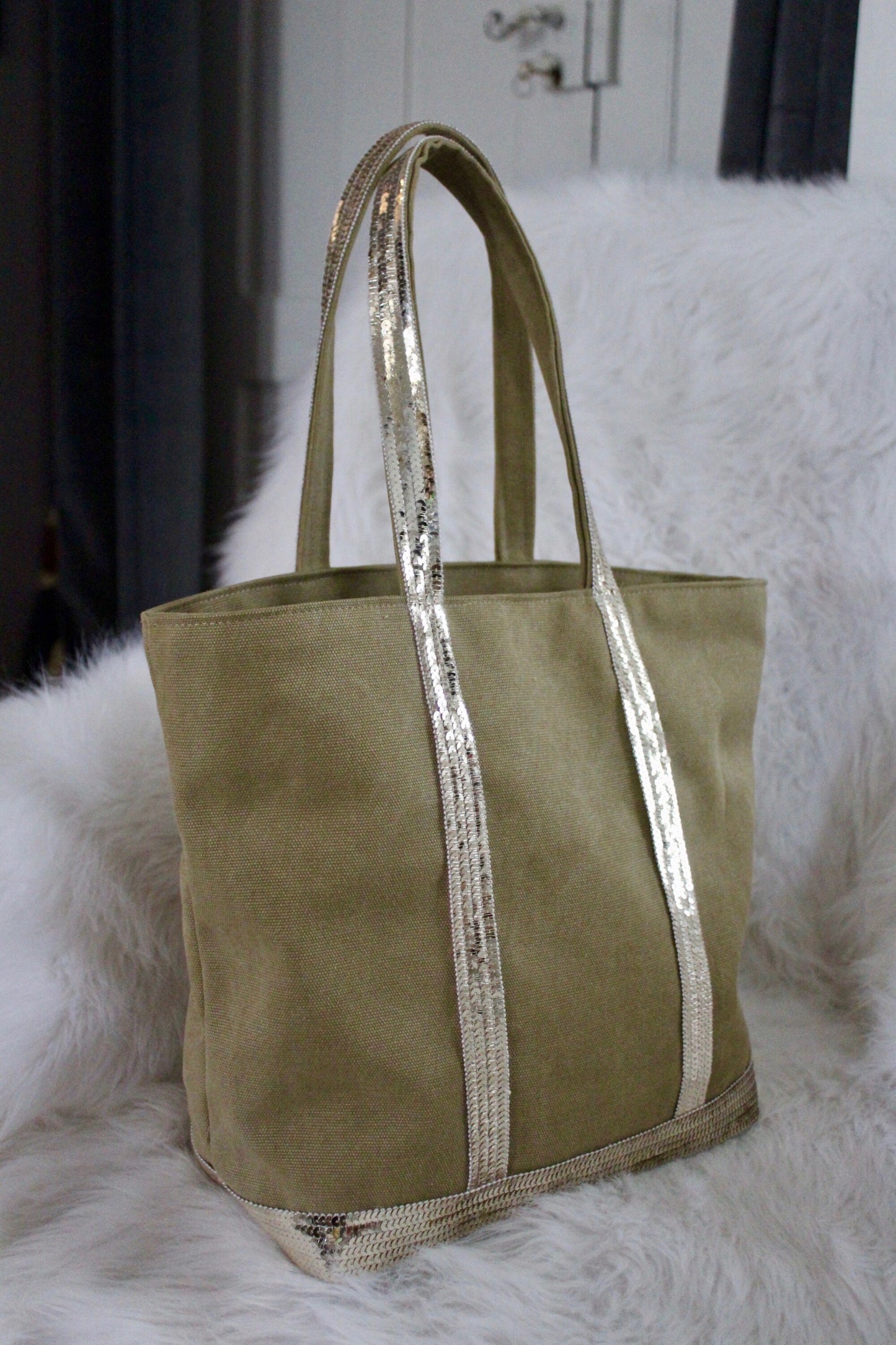 Sac cabas en toile cabas kaki - cabas vert sequins or pale - tote bag kaki paillettes