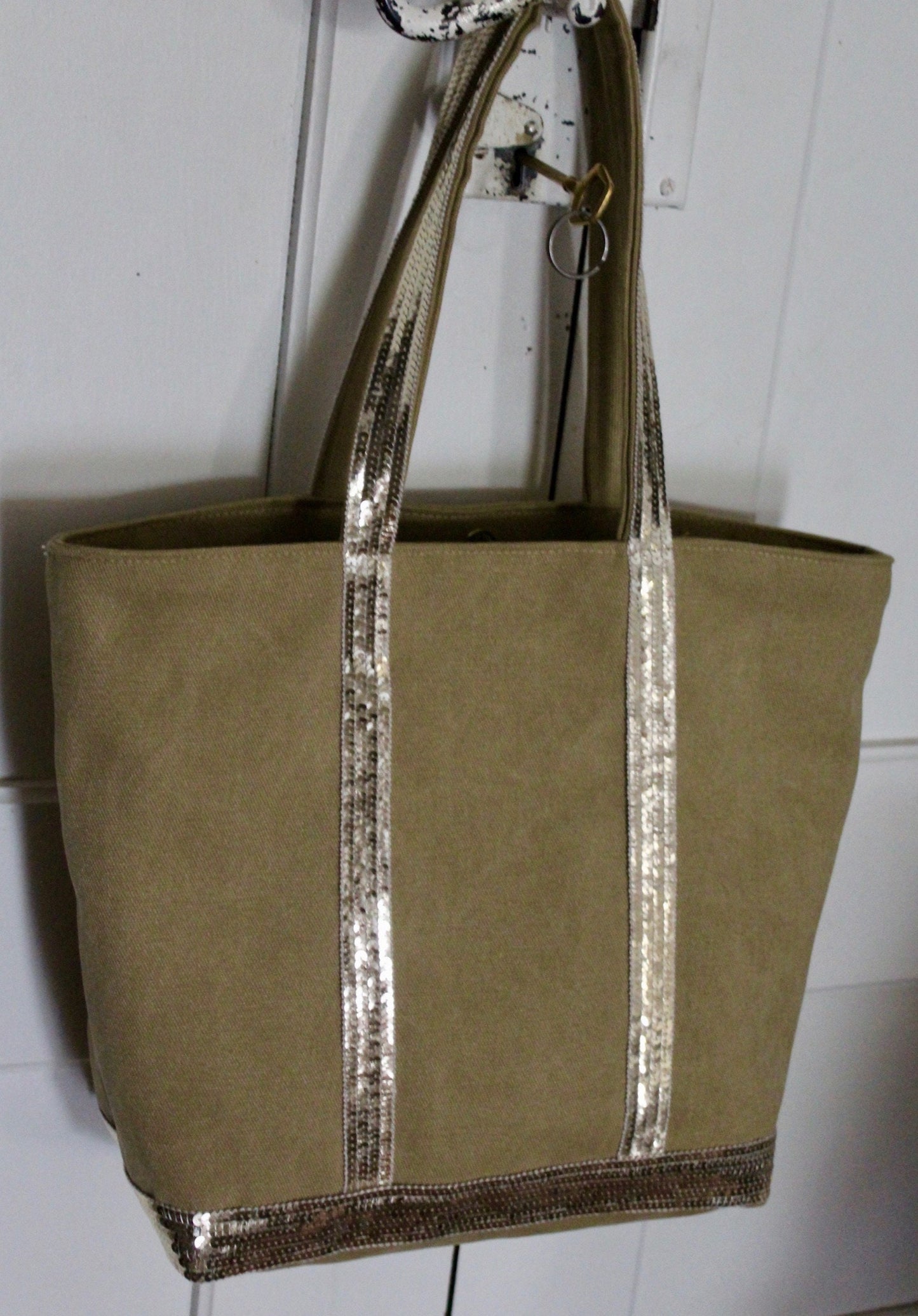Khaki canvas tote bag - green tote bag with pale gold sequins - khaki glitter tote bag