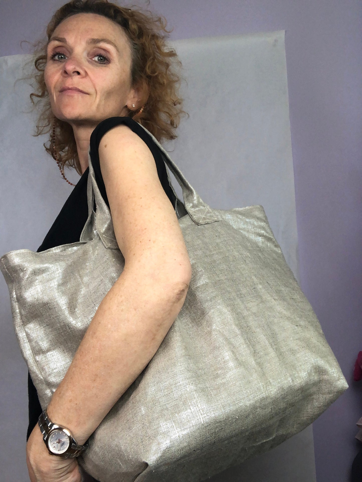 Sac cabas lin argent, sac de plage lin, sac lin argent