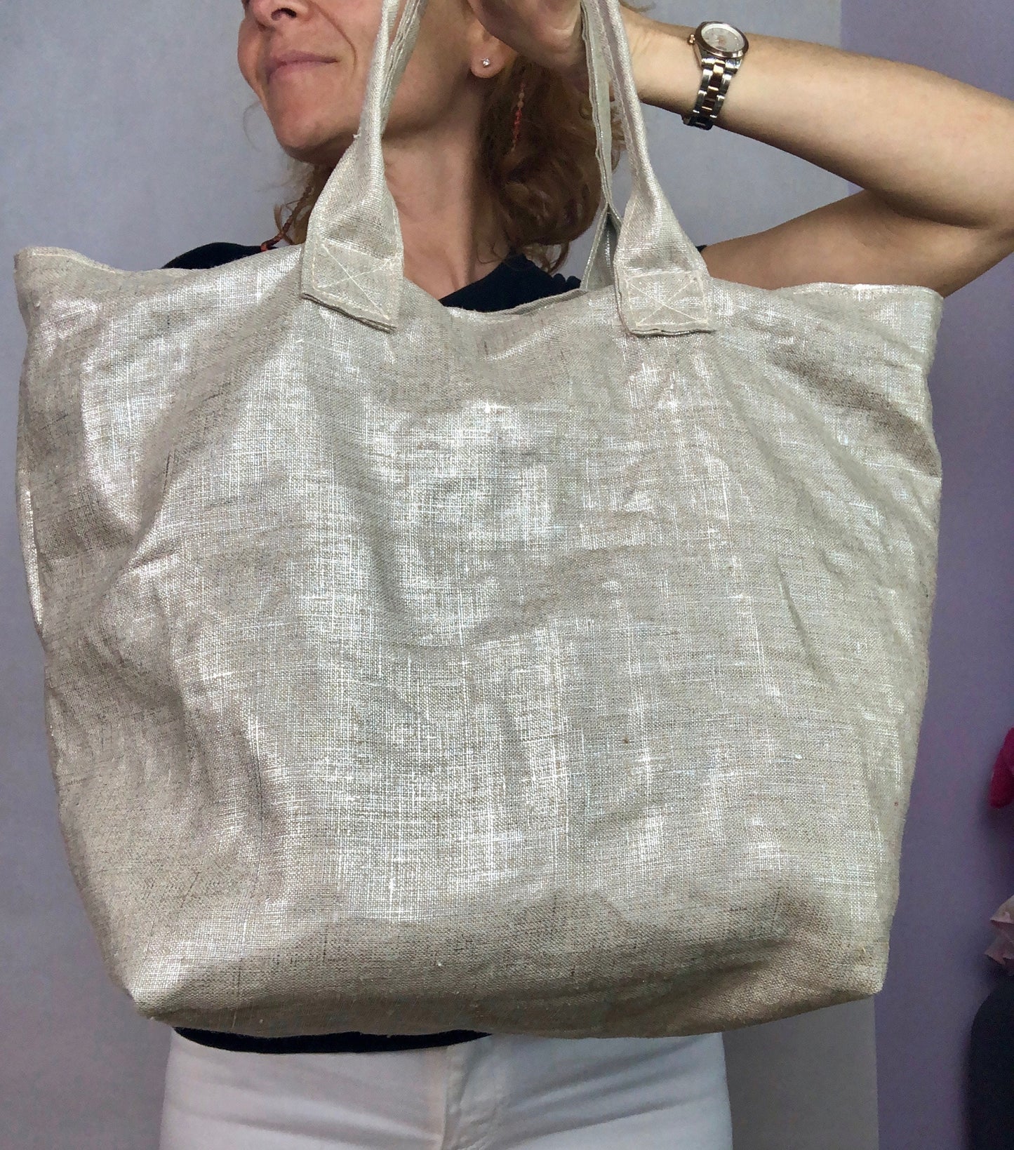 Sac cabas lin argent, sac de plage lin, sac lin argent