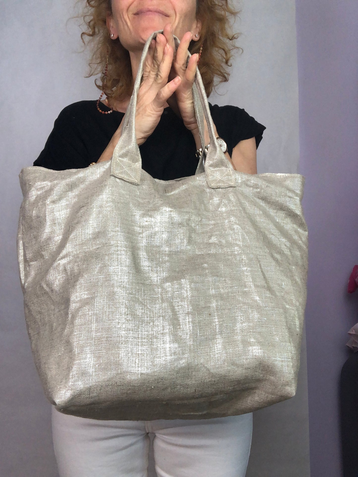 Sac cabas lin argent, sac de plage lin, sac lin argent