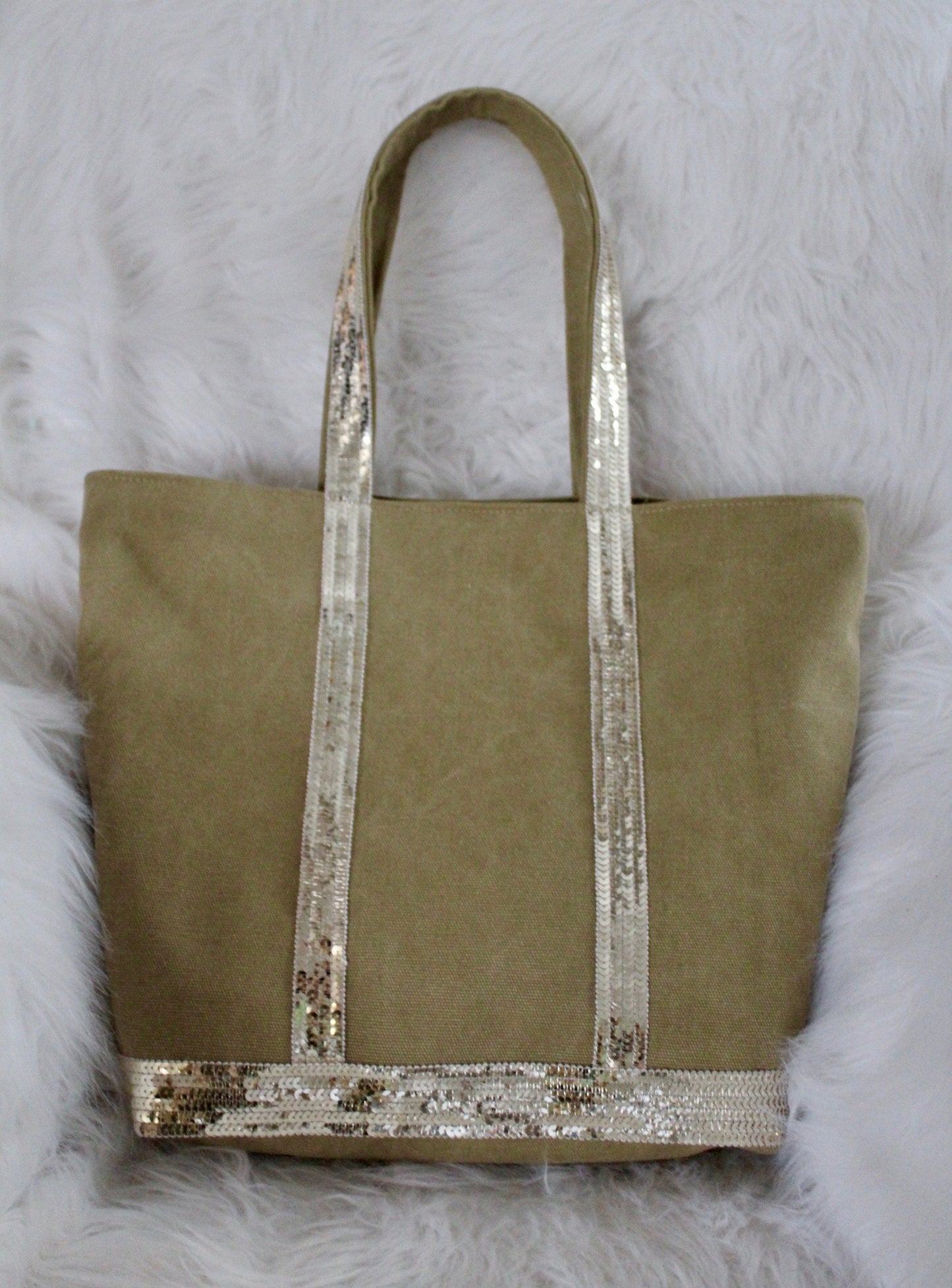 Khaki canvas tote bag - green tote bag with pale gold sequins - khaki glitter tote bag