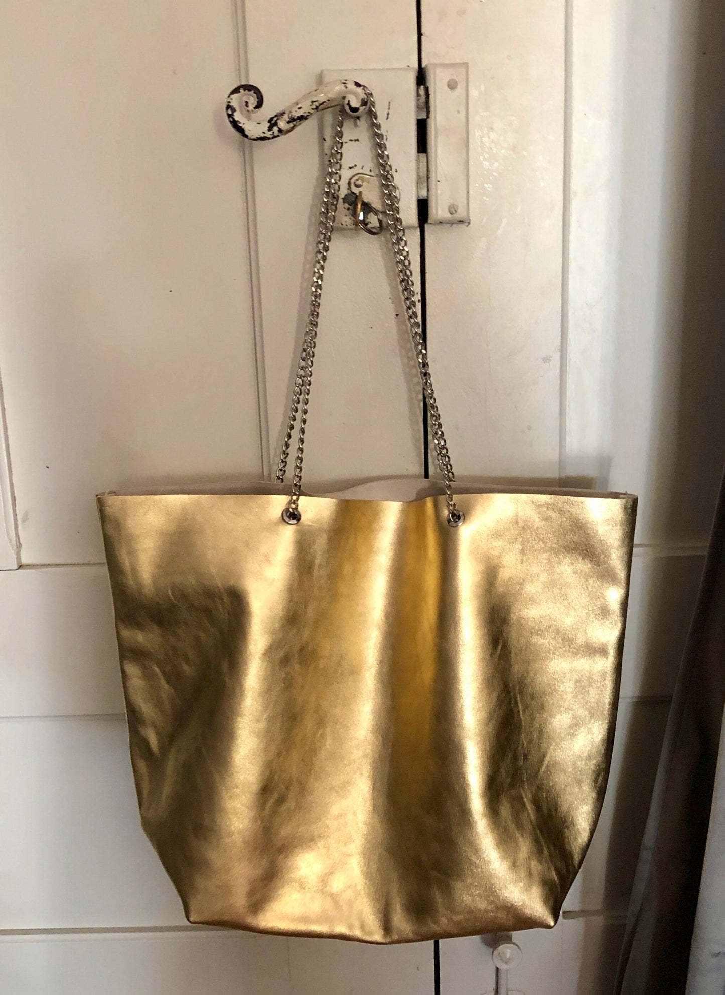 Soft silver leather tote bag with chain shoulder handles, slouchy leather tote bag, Italian leather tote bag, rock chic tote