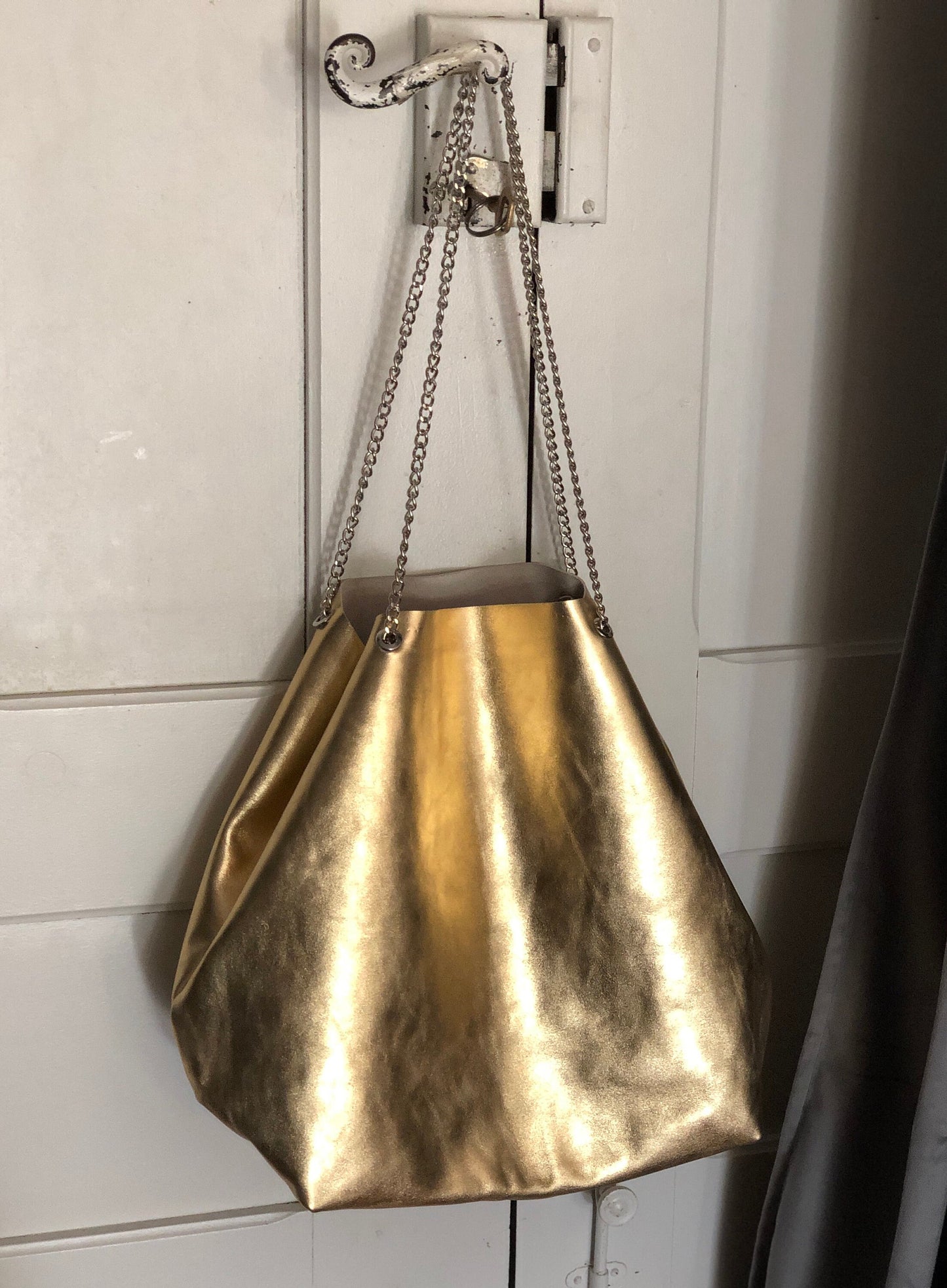 Soft silver leather tote bag with chain shoulder handles, slouchy leather tote bag, Italian leather tote bag, rock chic tote