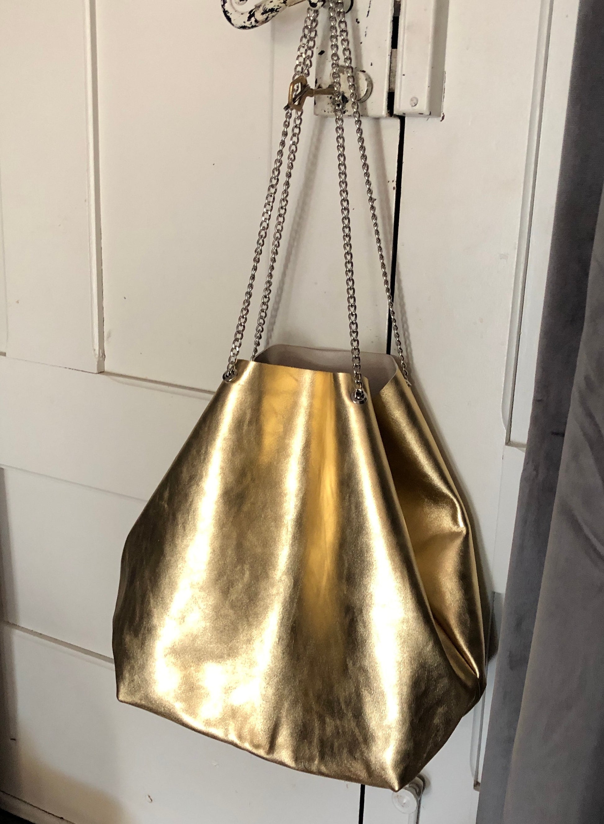 Sac cabas cuir souple italie, sac fourre-tout doré tote bag grand sac  etudiante doré ou champagne -  France