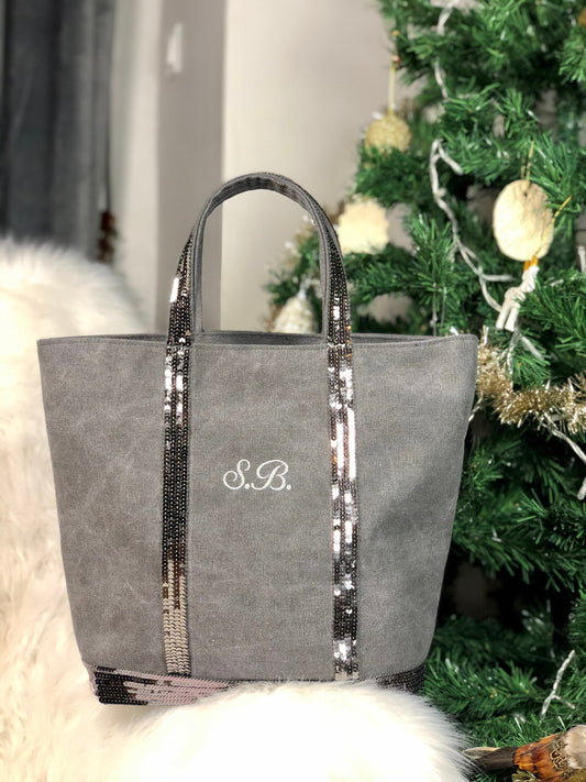 Sac cabas gris initiales brodé - sac cabas cadeau entreprise - cabas gris avec logo