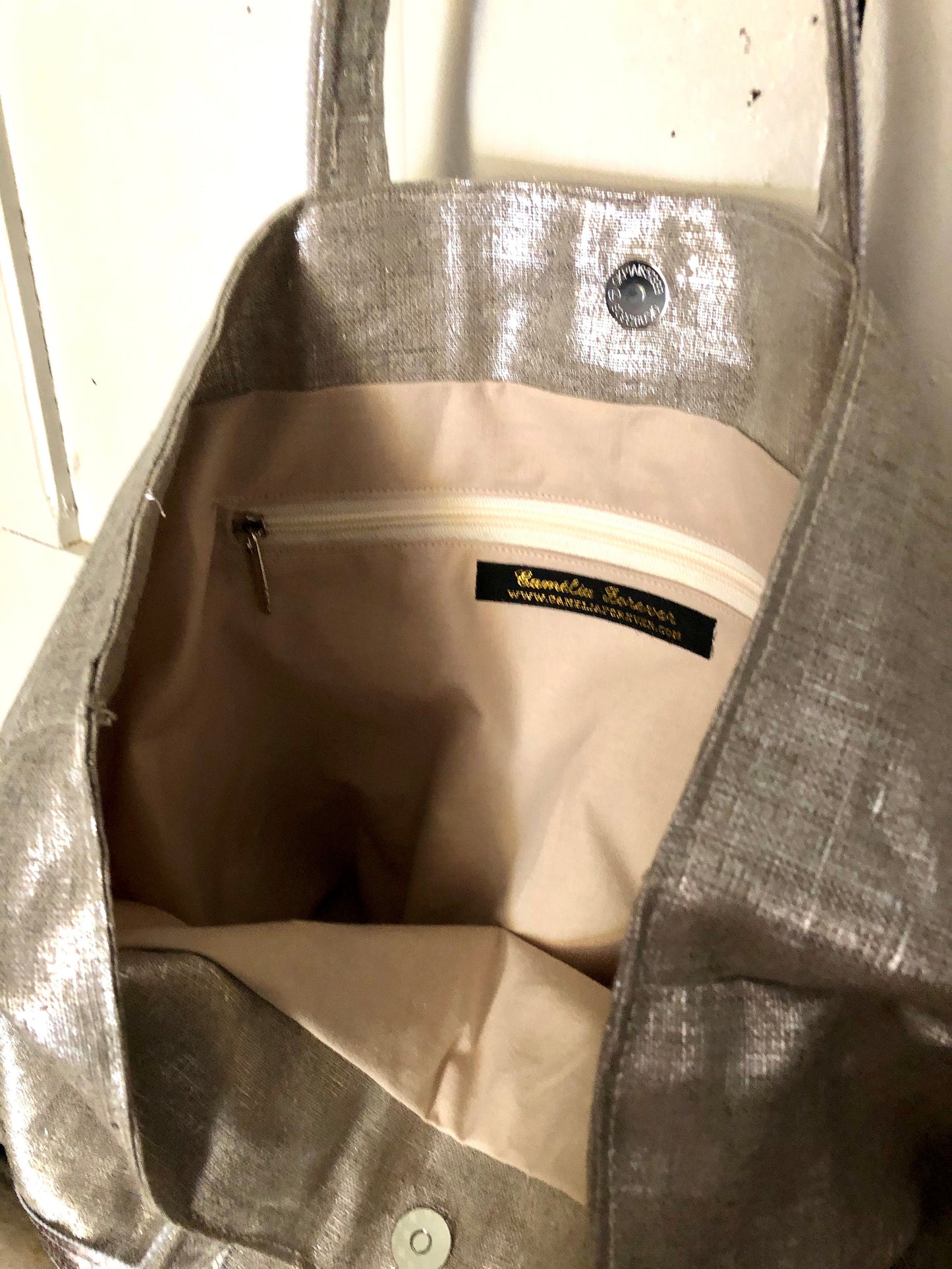 Sac cabas en lin argent sequins argent