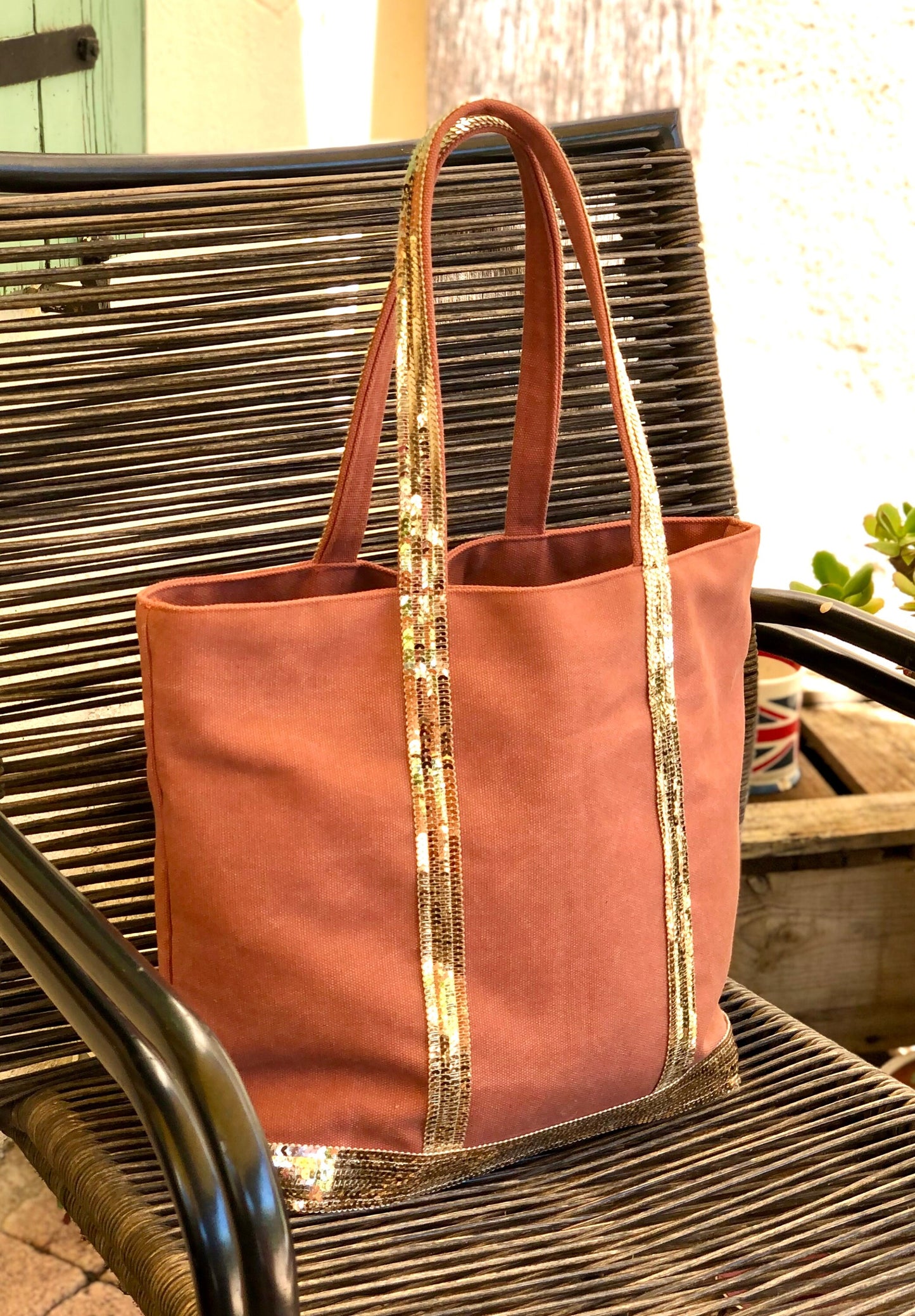 Terracotta cotton tote bag with gold sequins