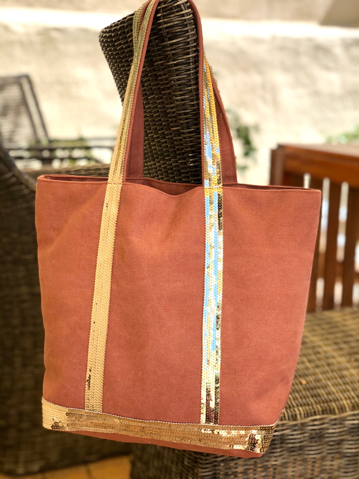 Terracotta cotton tote bag with gold sequins