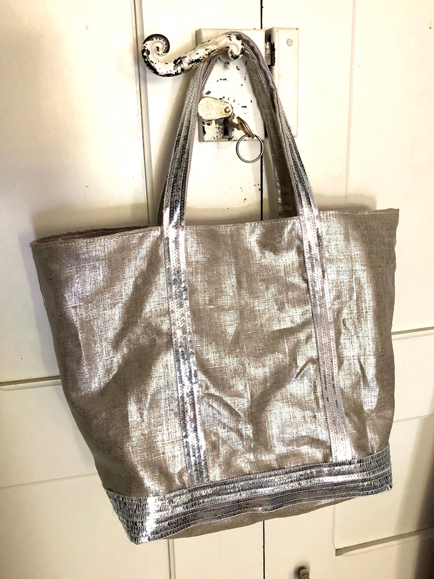 Silver linen tote bag with silver sequins