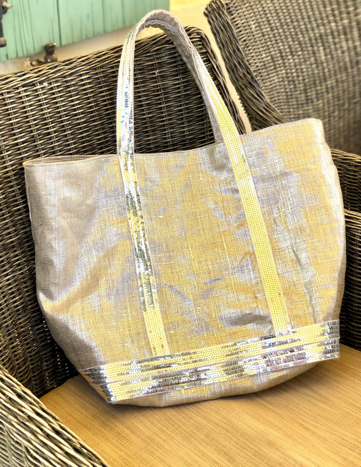 Sac cabas en lin argent sequins argent