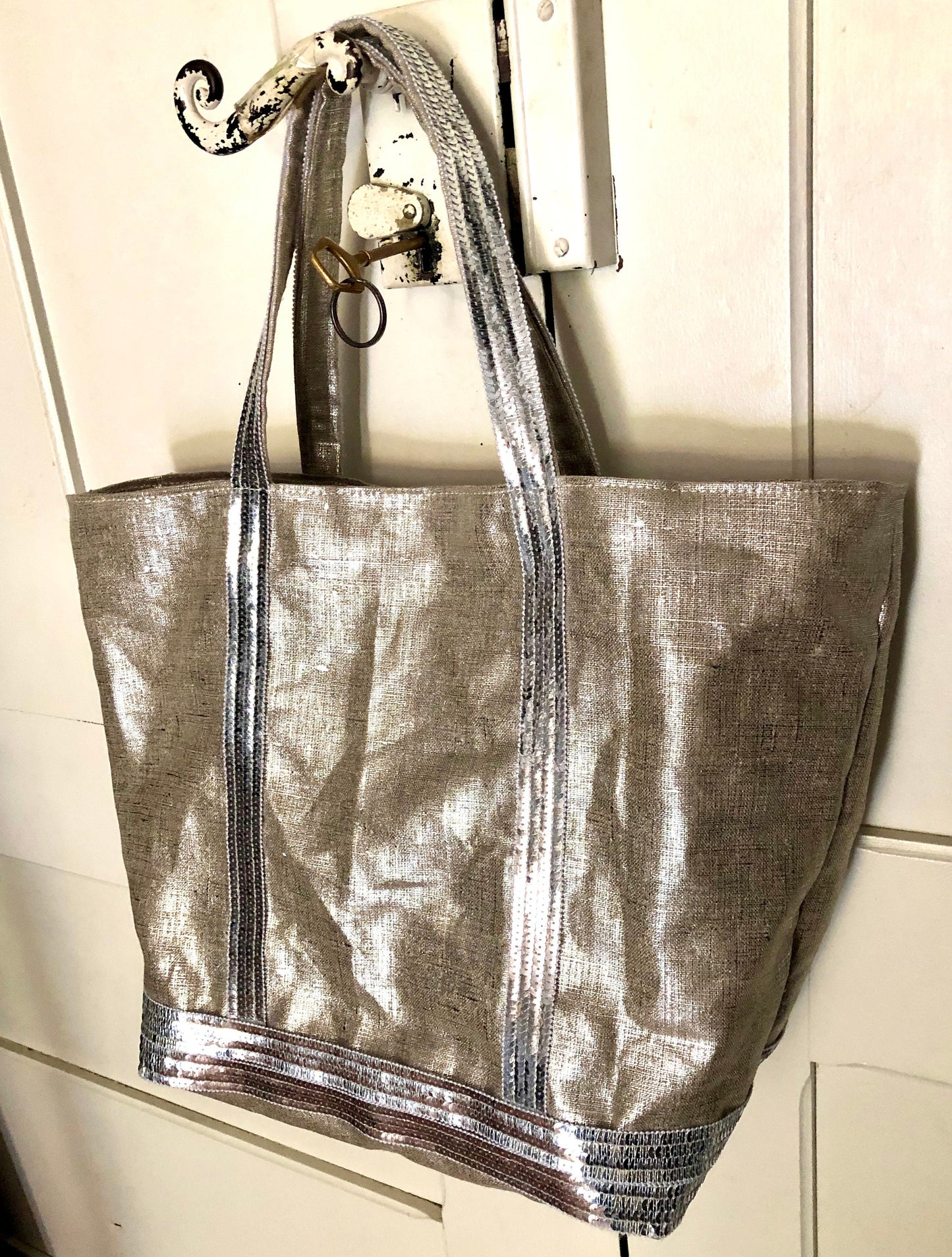Sac cabas en lin argent sequins argent