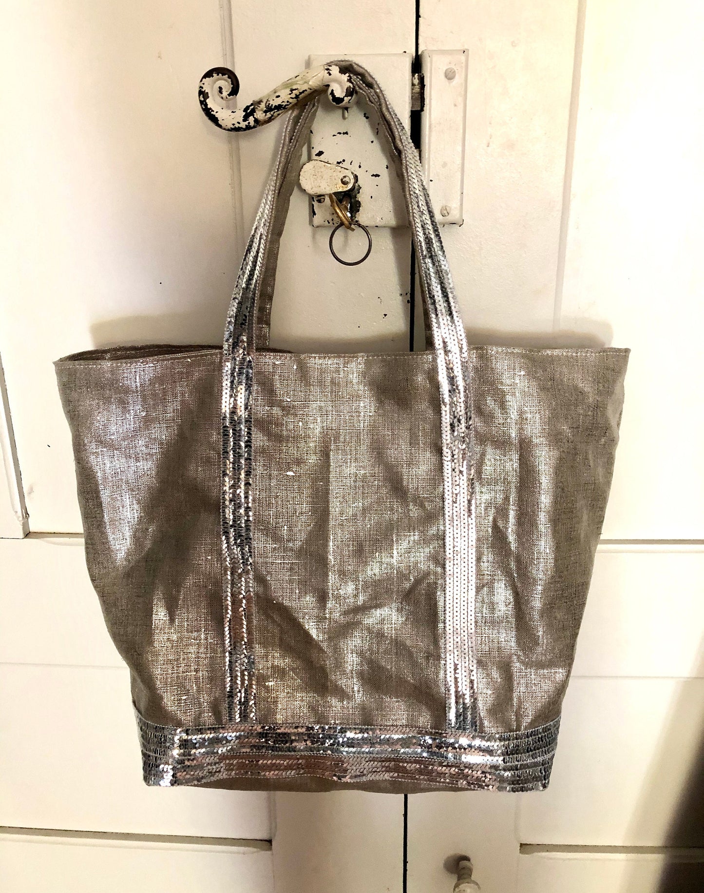 Sac cabas en lin argent sequins argent