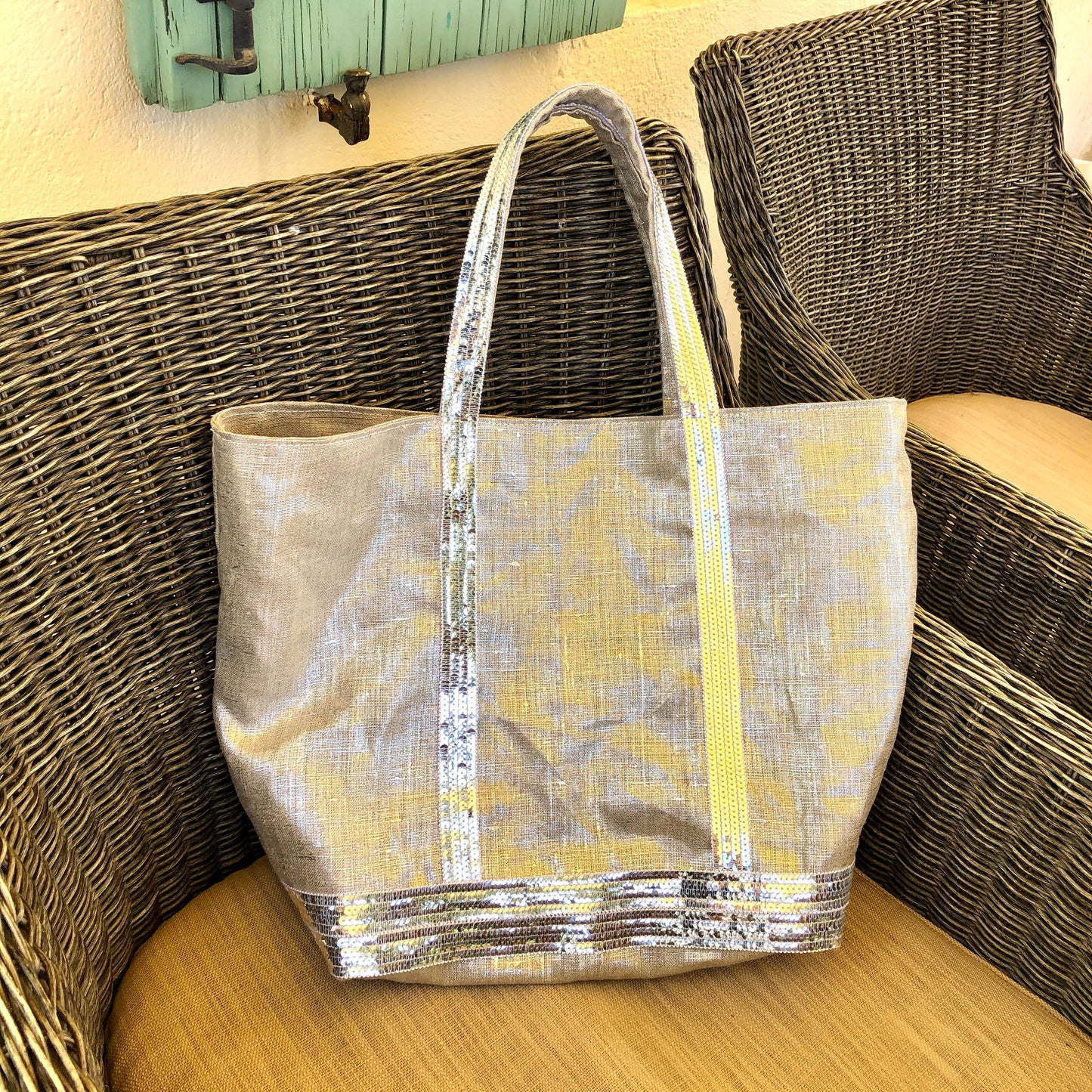 Sac cabas en lin argent sequins argent