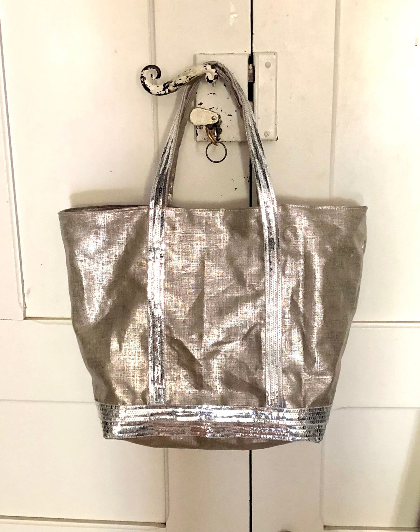 Silver linen tote bag with silver sequins