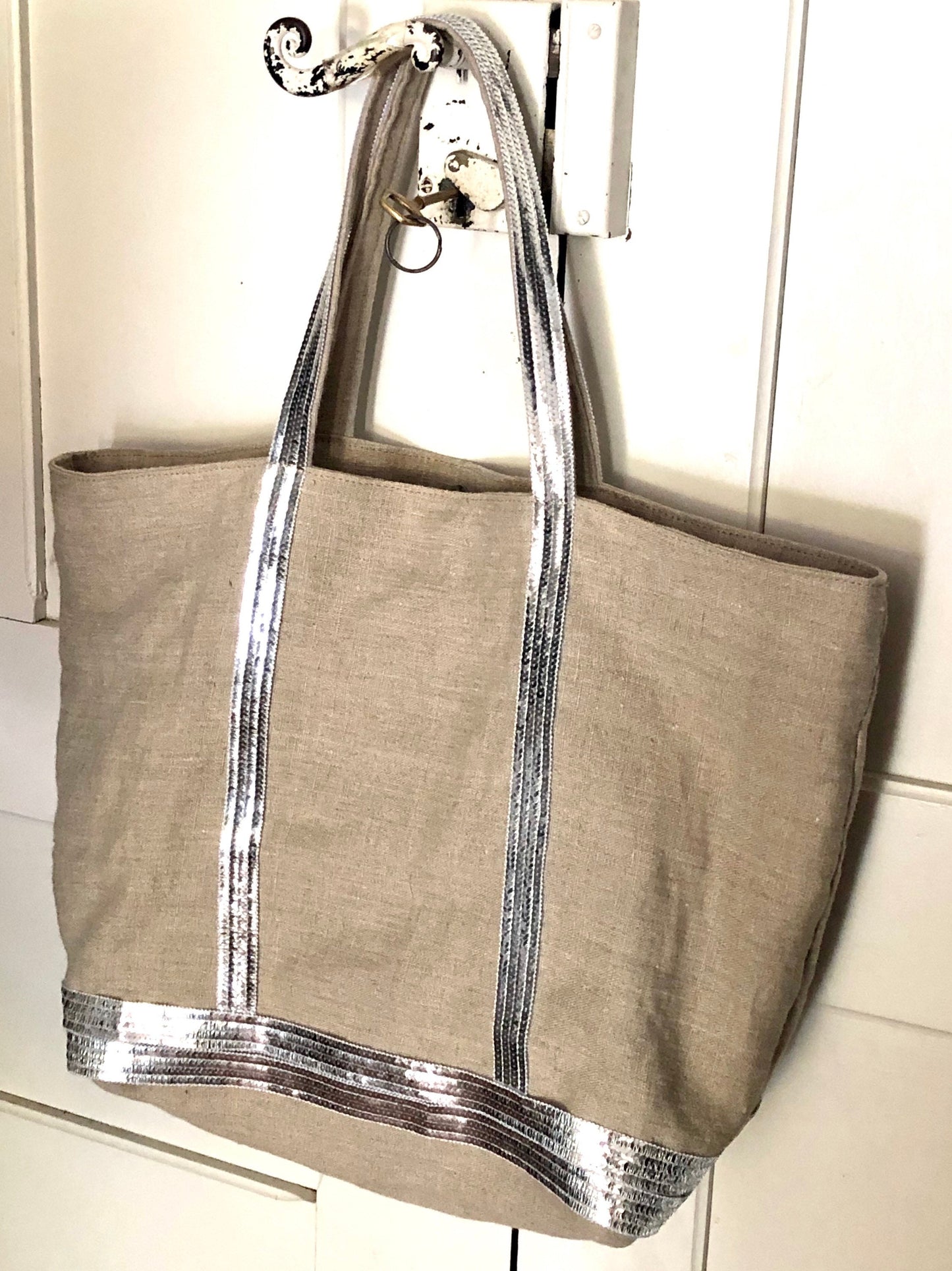 Large natural tote bag, beach bag with closure, linen shoulder bag